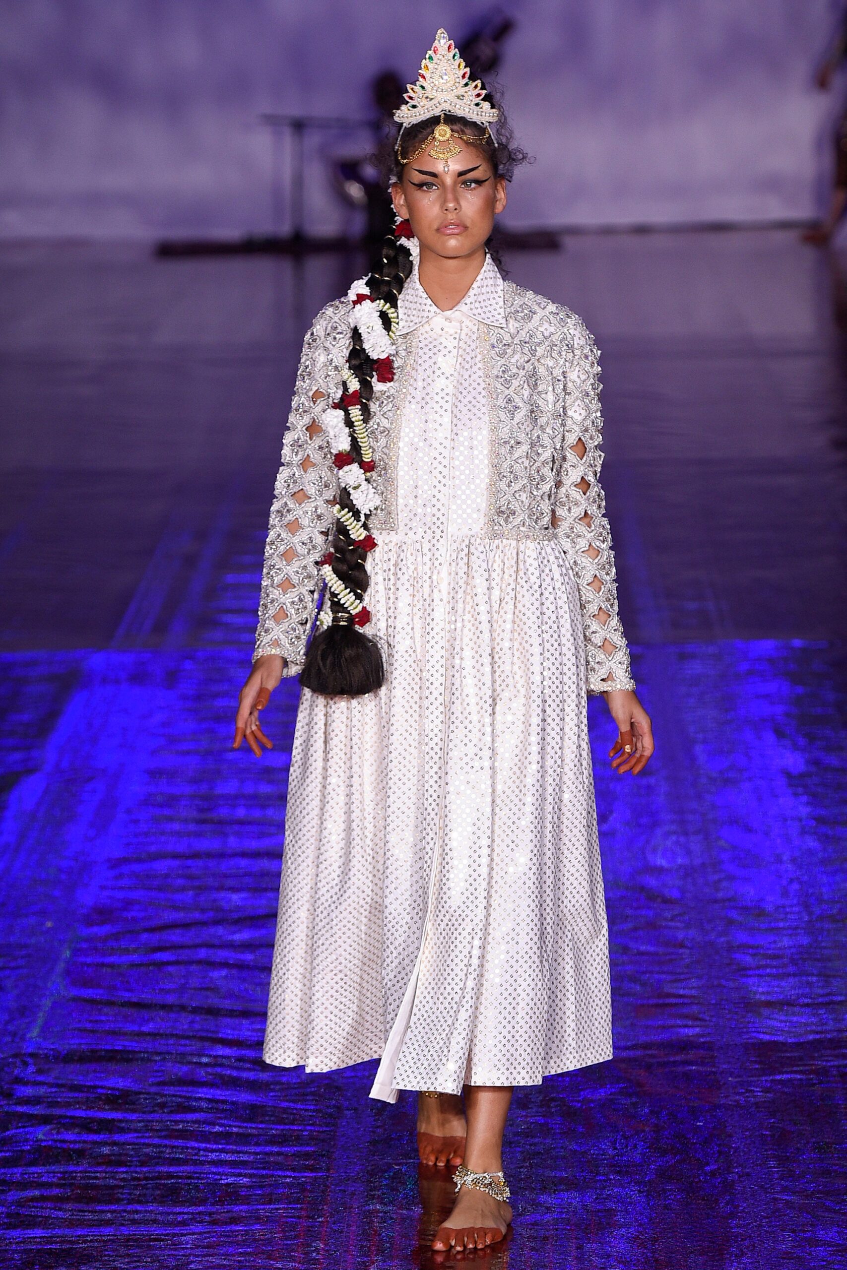 white pleated midi dress with gray lace jacket