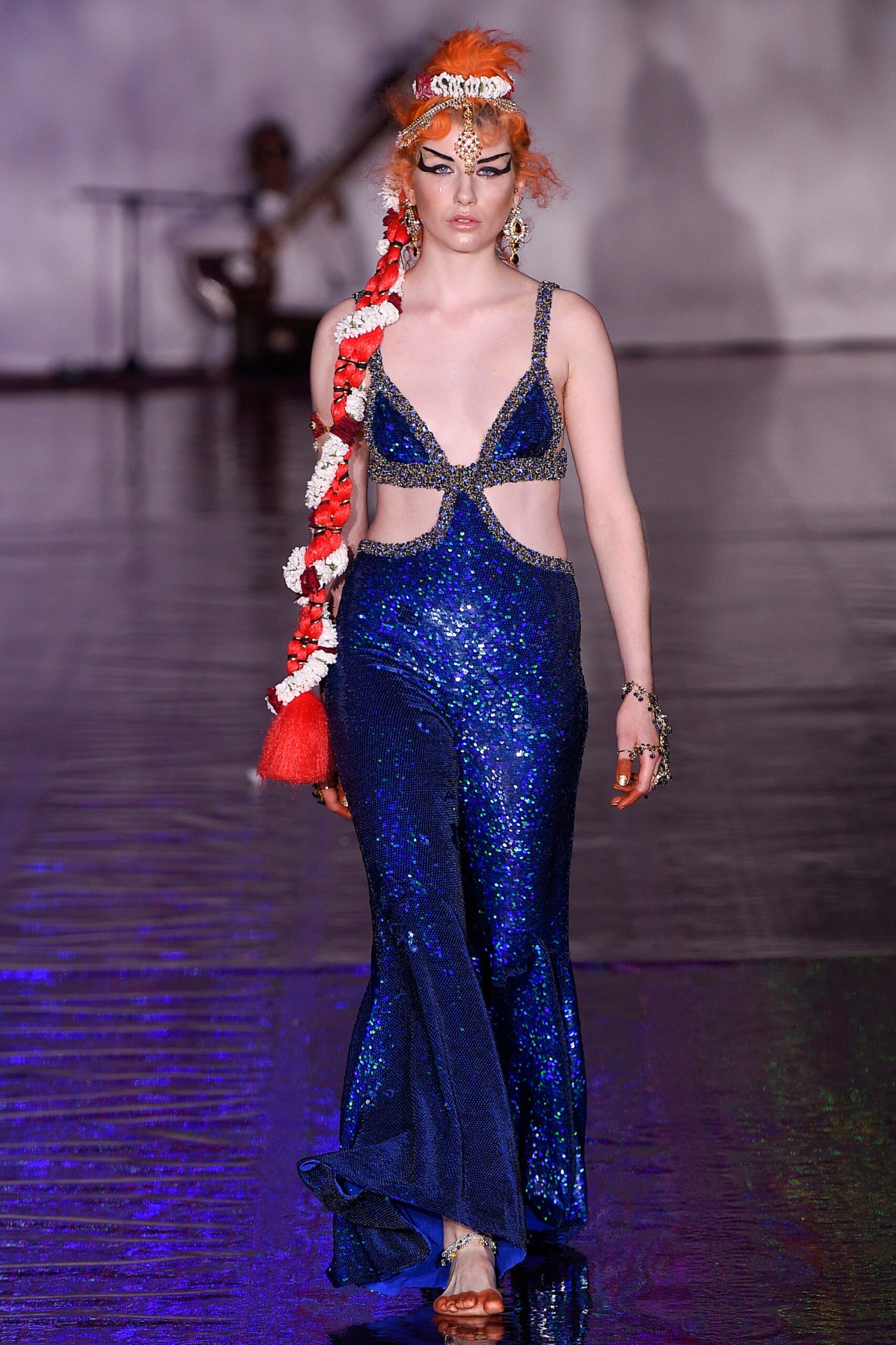 blue sequin fitted jumpsuit