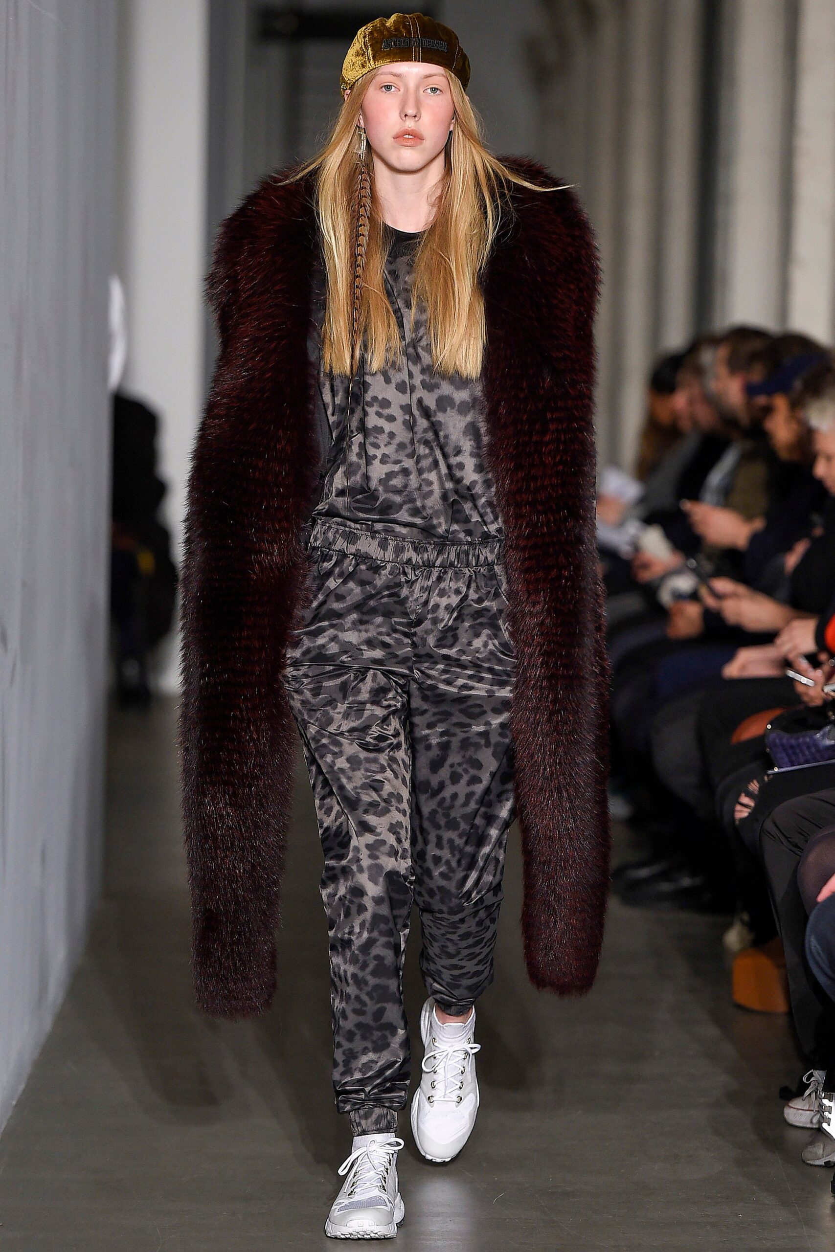gray animal-print jumpsuit with fur coat