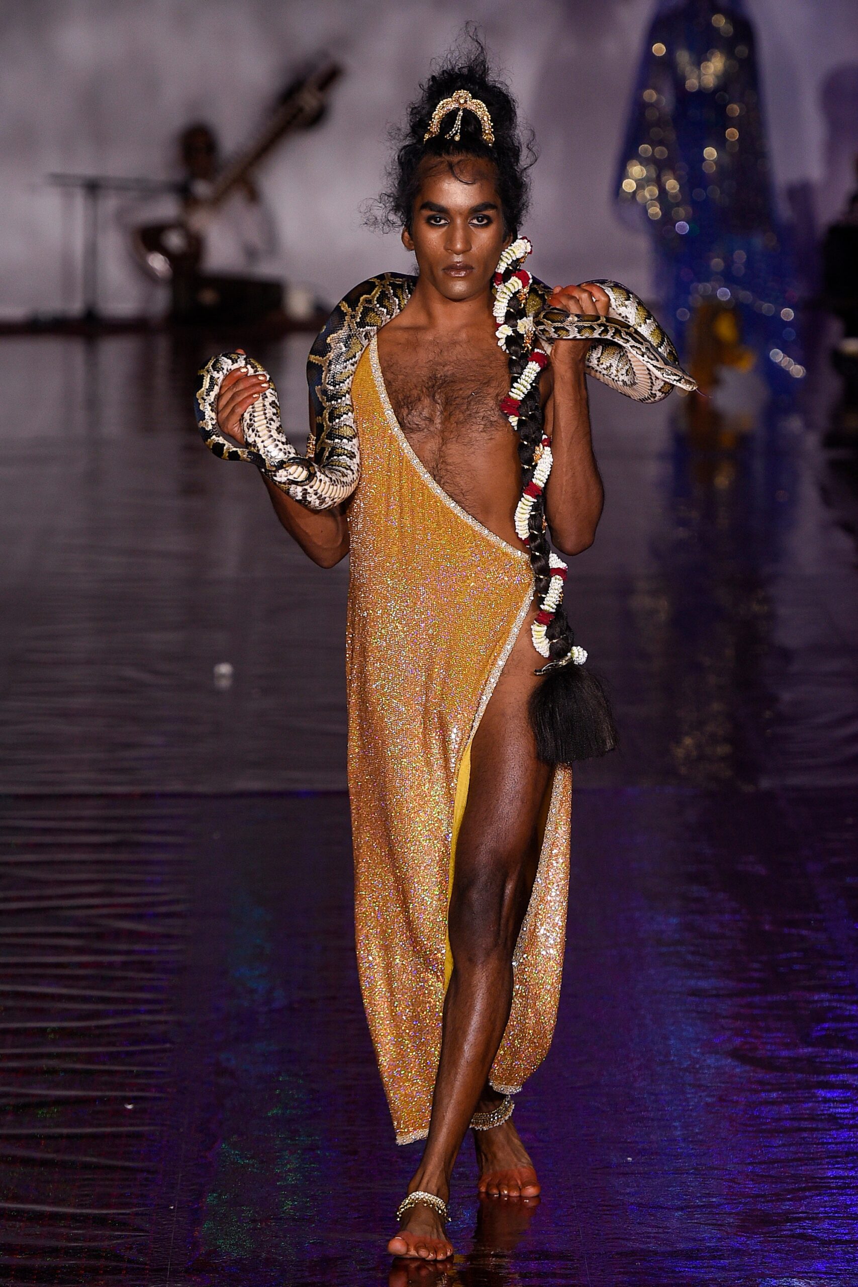 fitted yellow silk gown