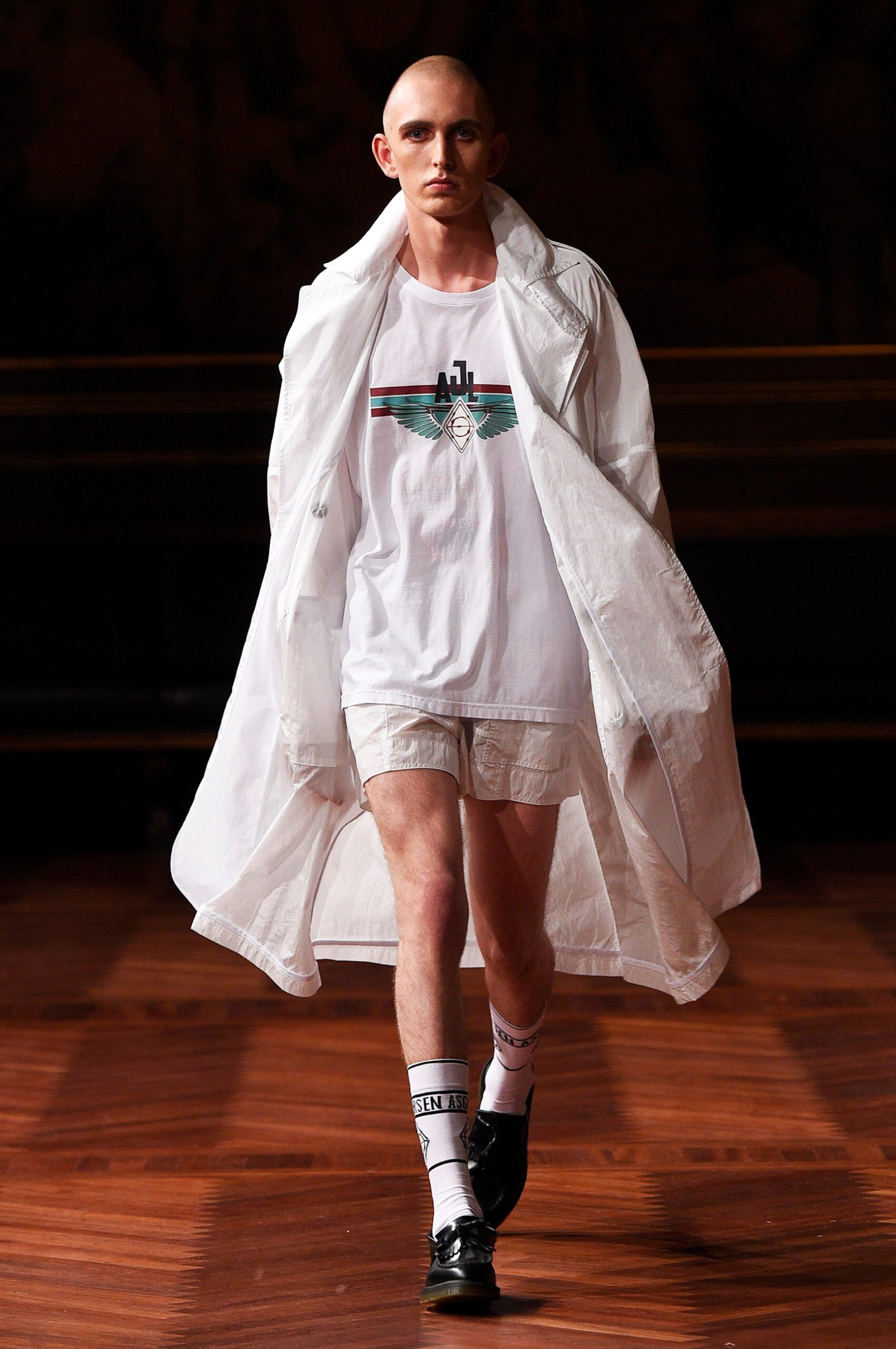 white coat with printed t-shirt