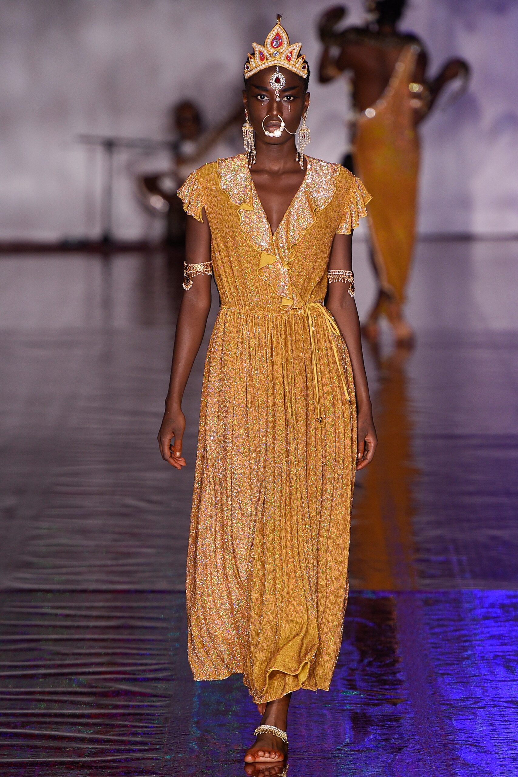 gold pleated midi dress