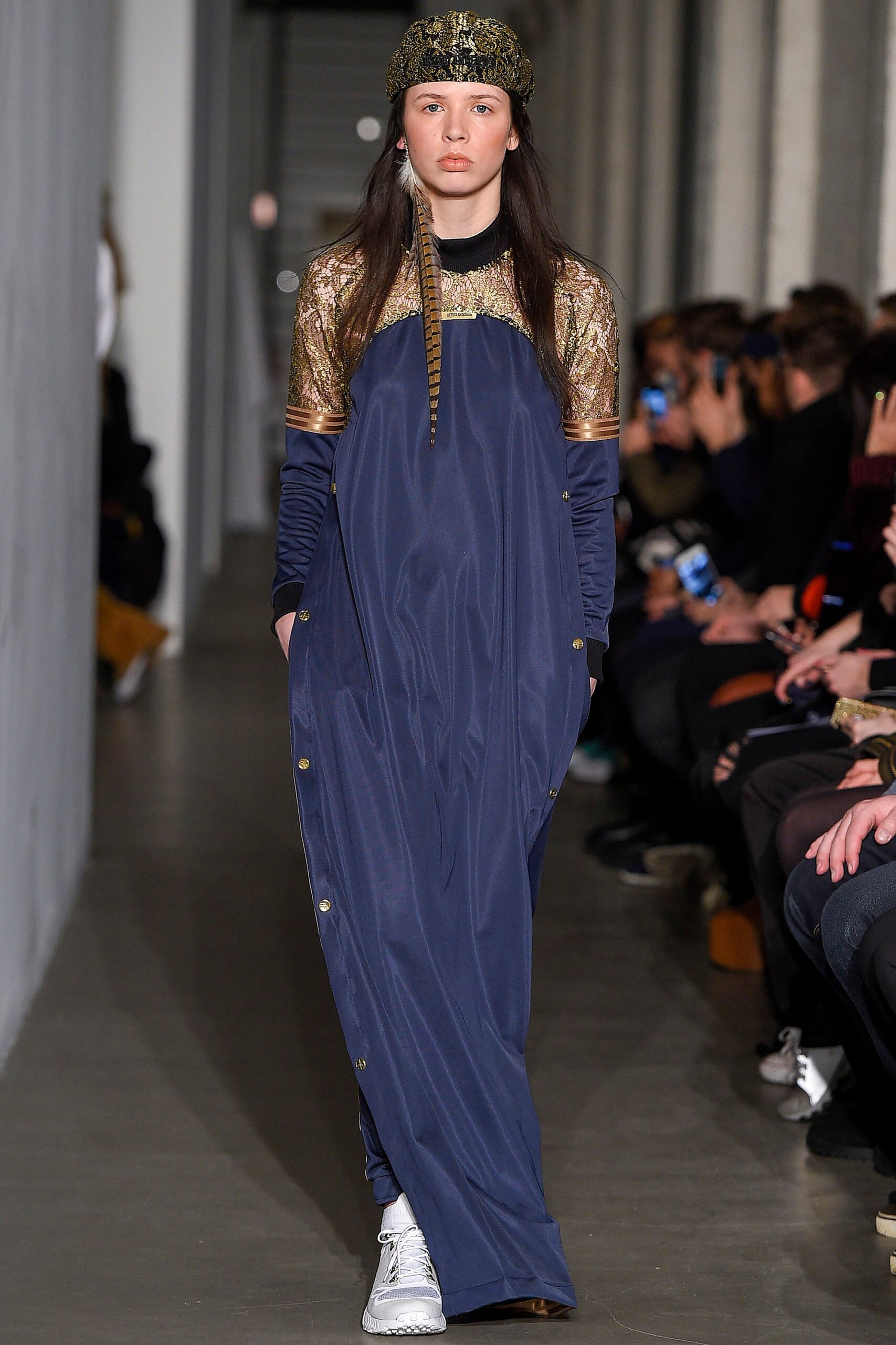 blue silk long-sleeve high-neck relaxed draped buttoned dress