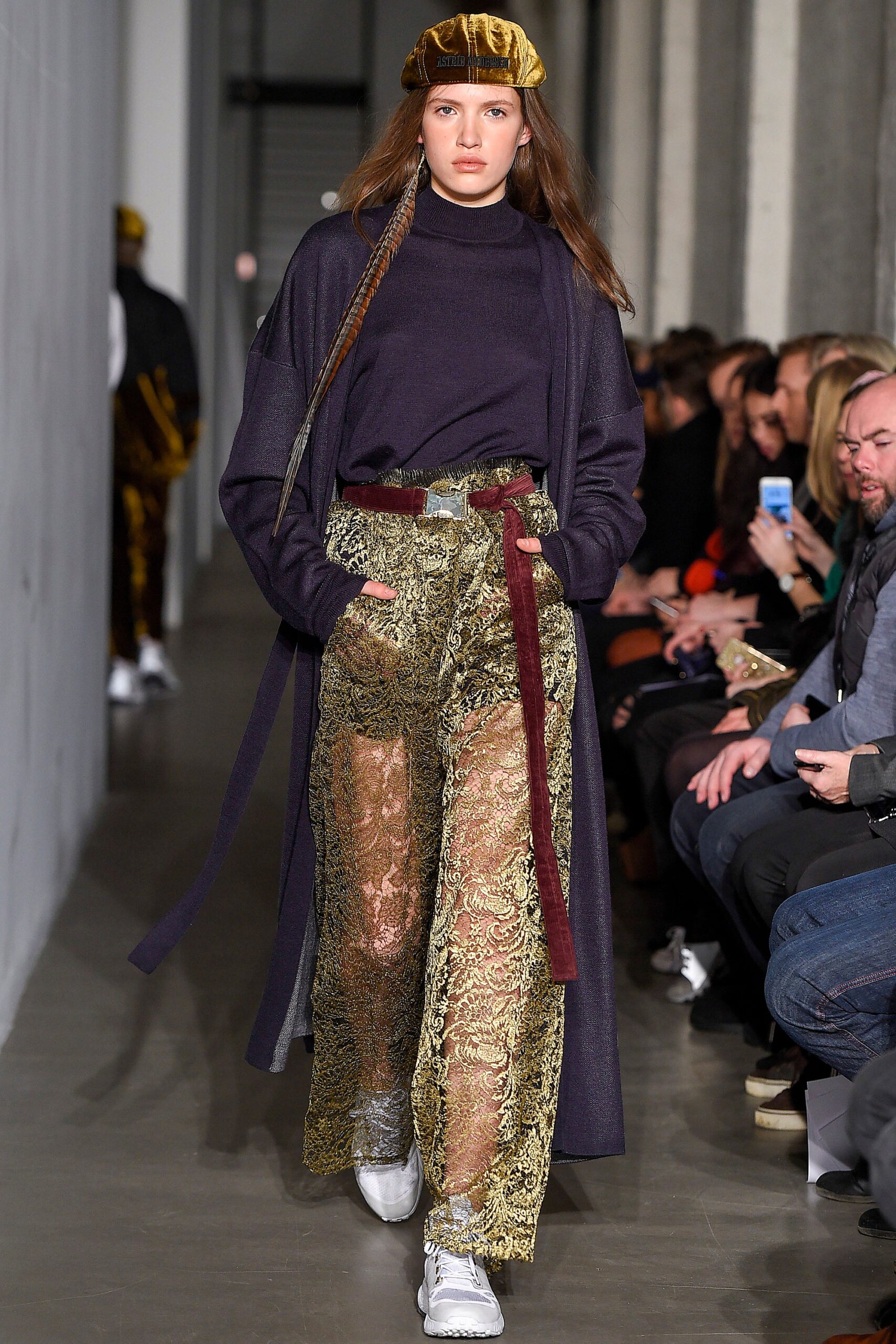 purple oversized sweater with gold lace pants