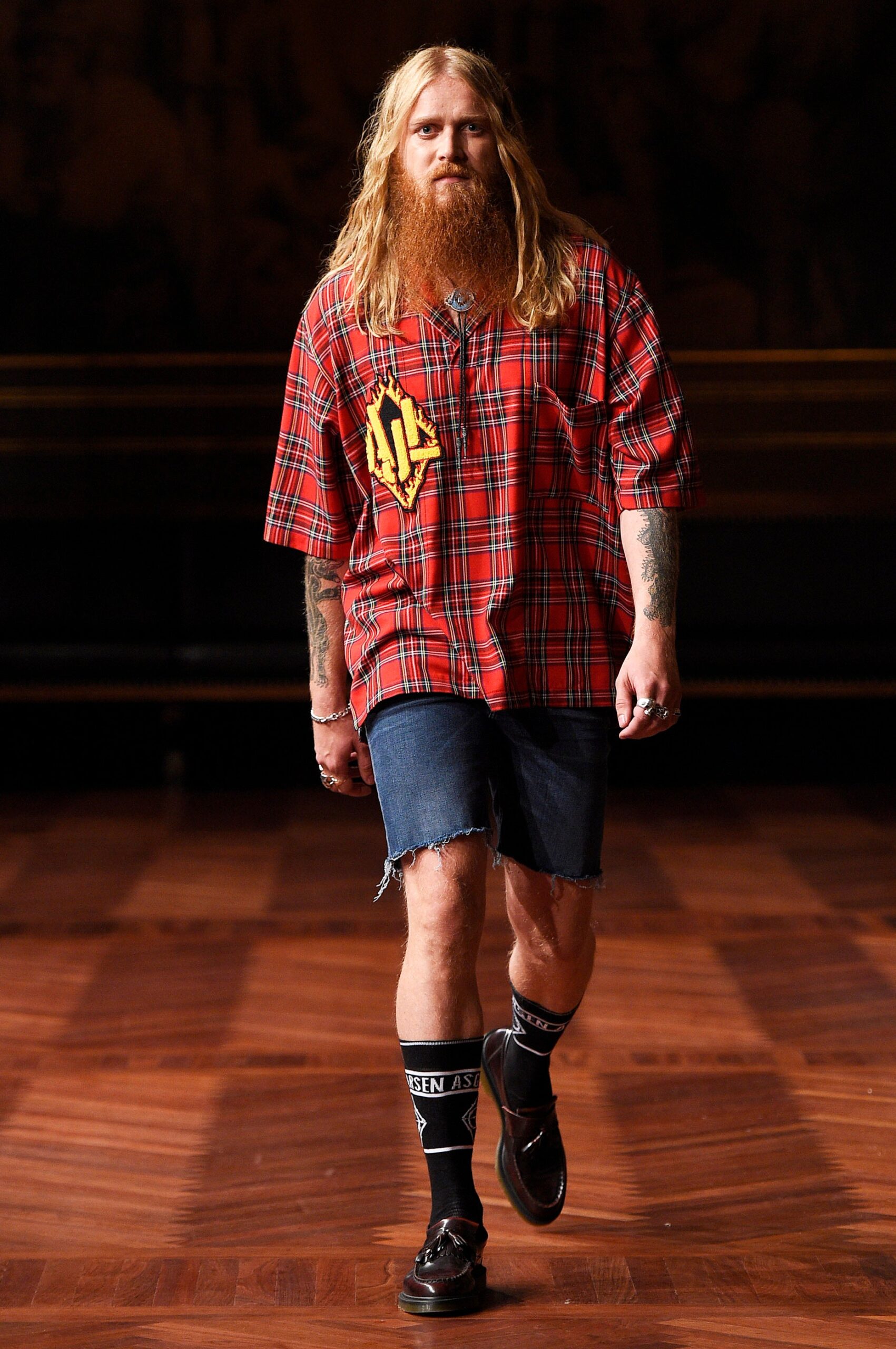relaxed red checked shirt with denim shorts