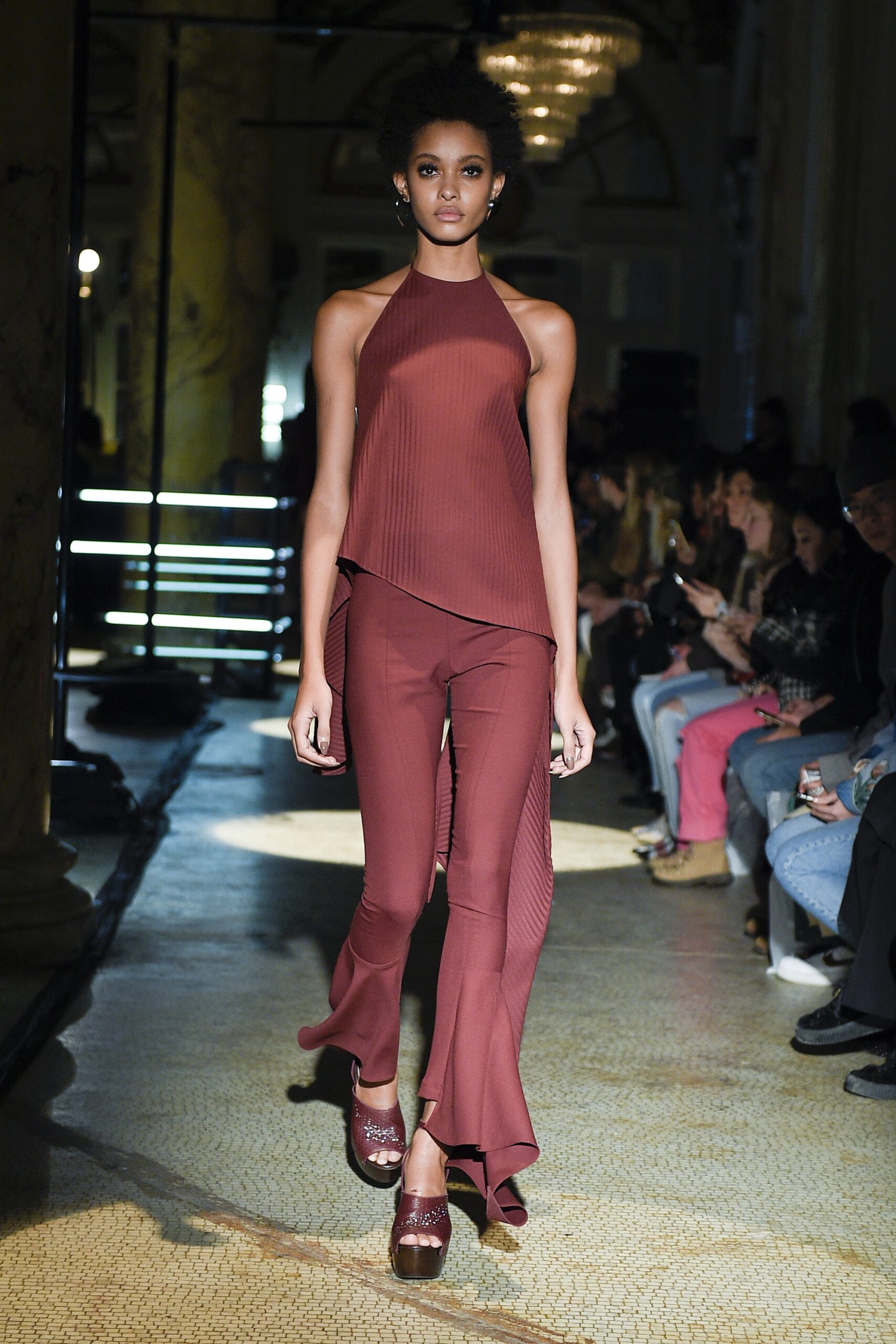 fitted red silk top and pants