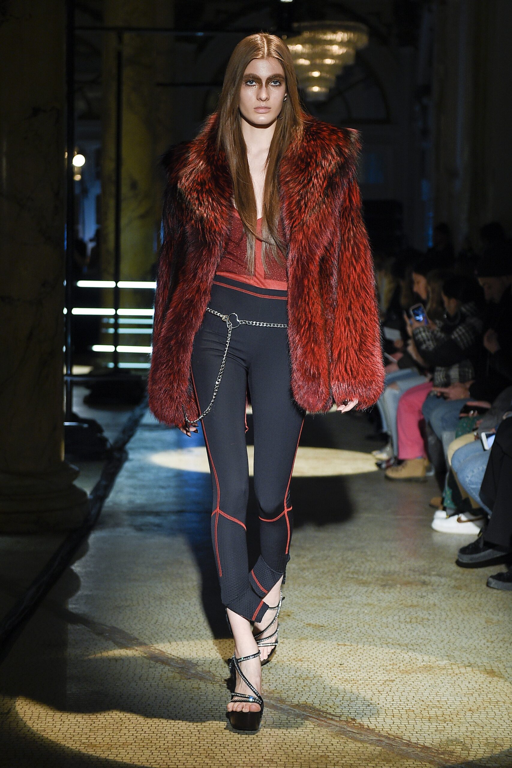 red faux-fur coat with fitted top