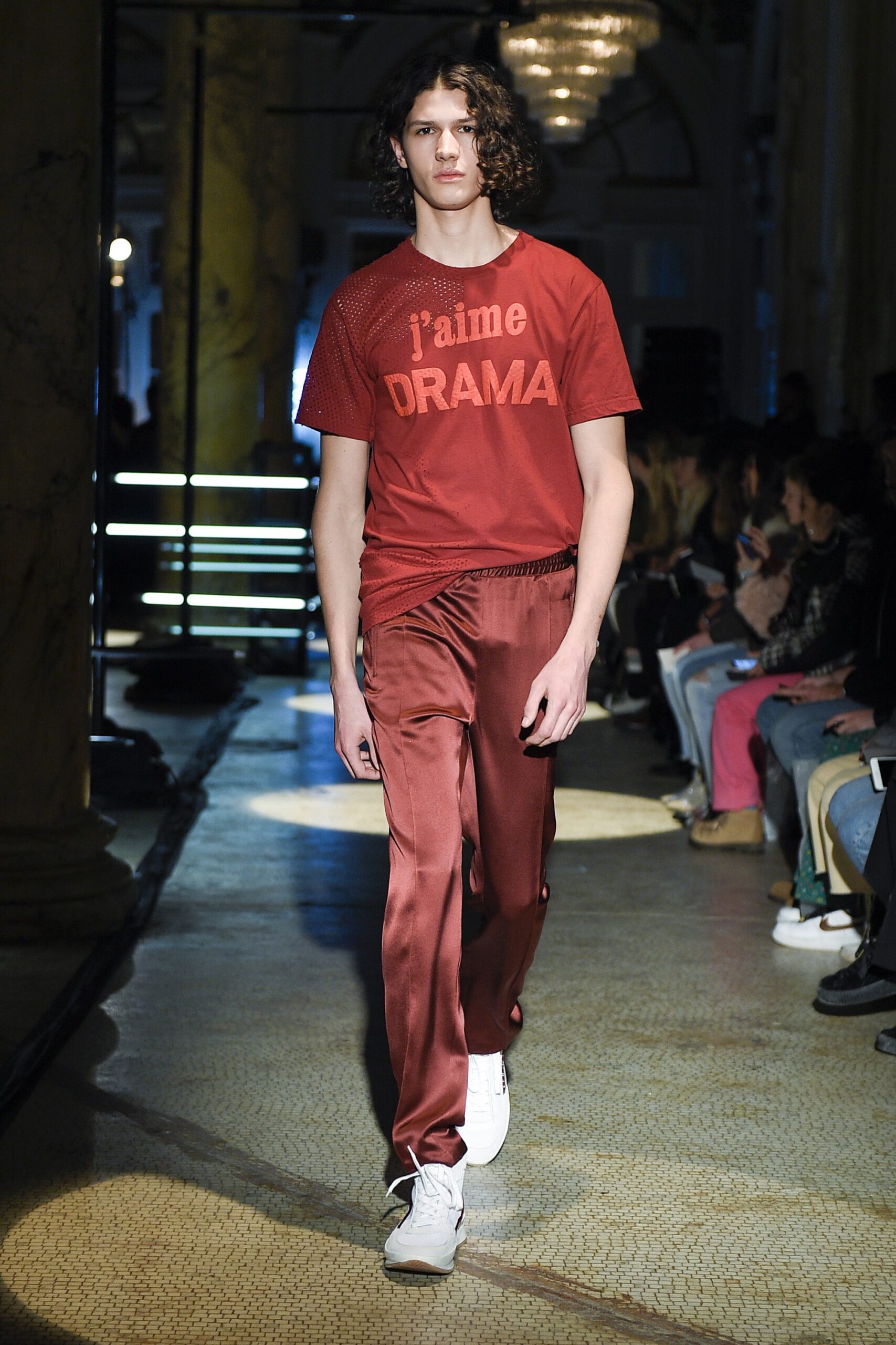 red t-shirt with satin pants