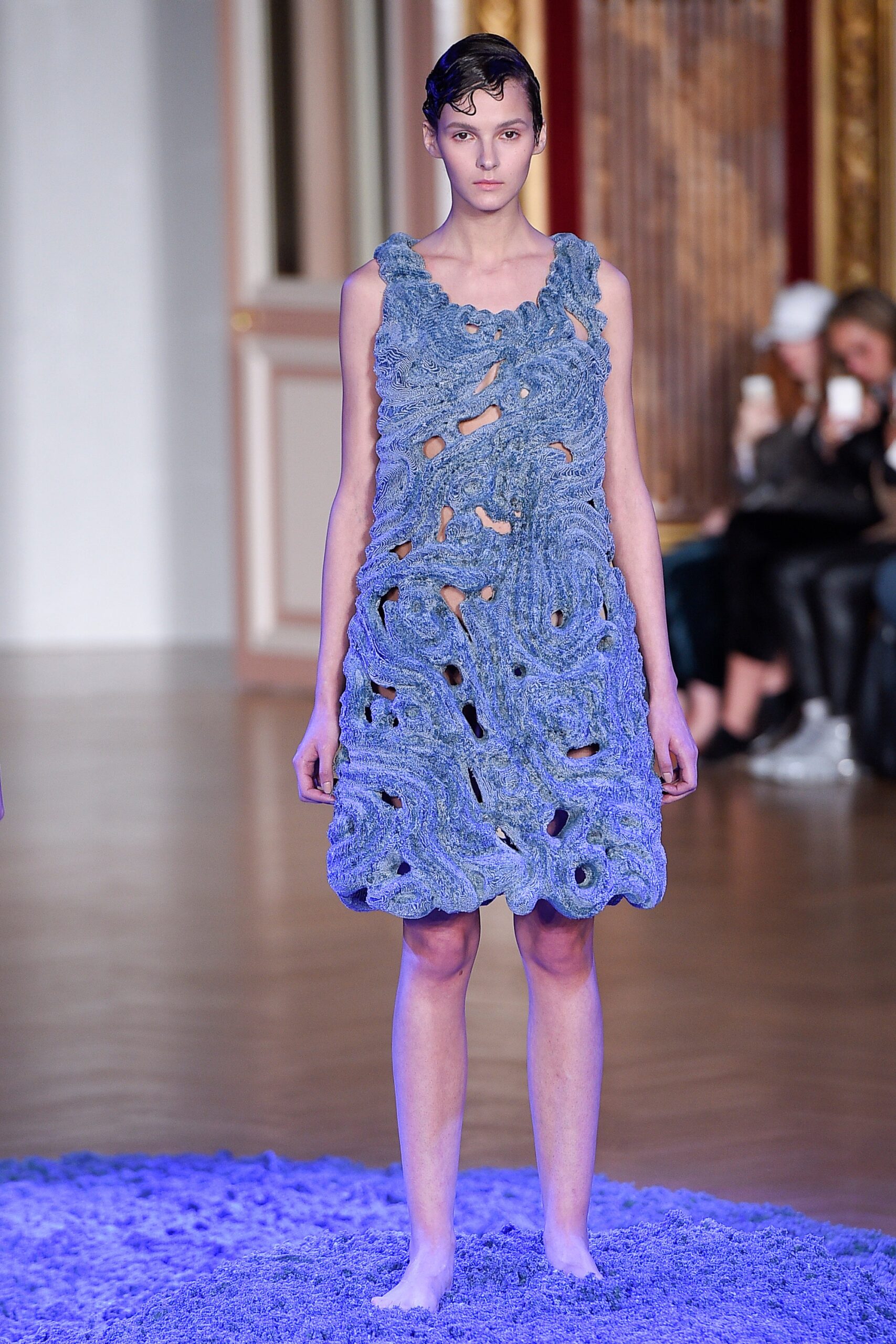 blue textured sleeveless dress