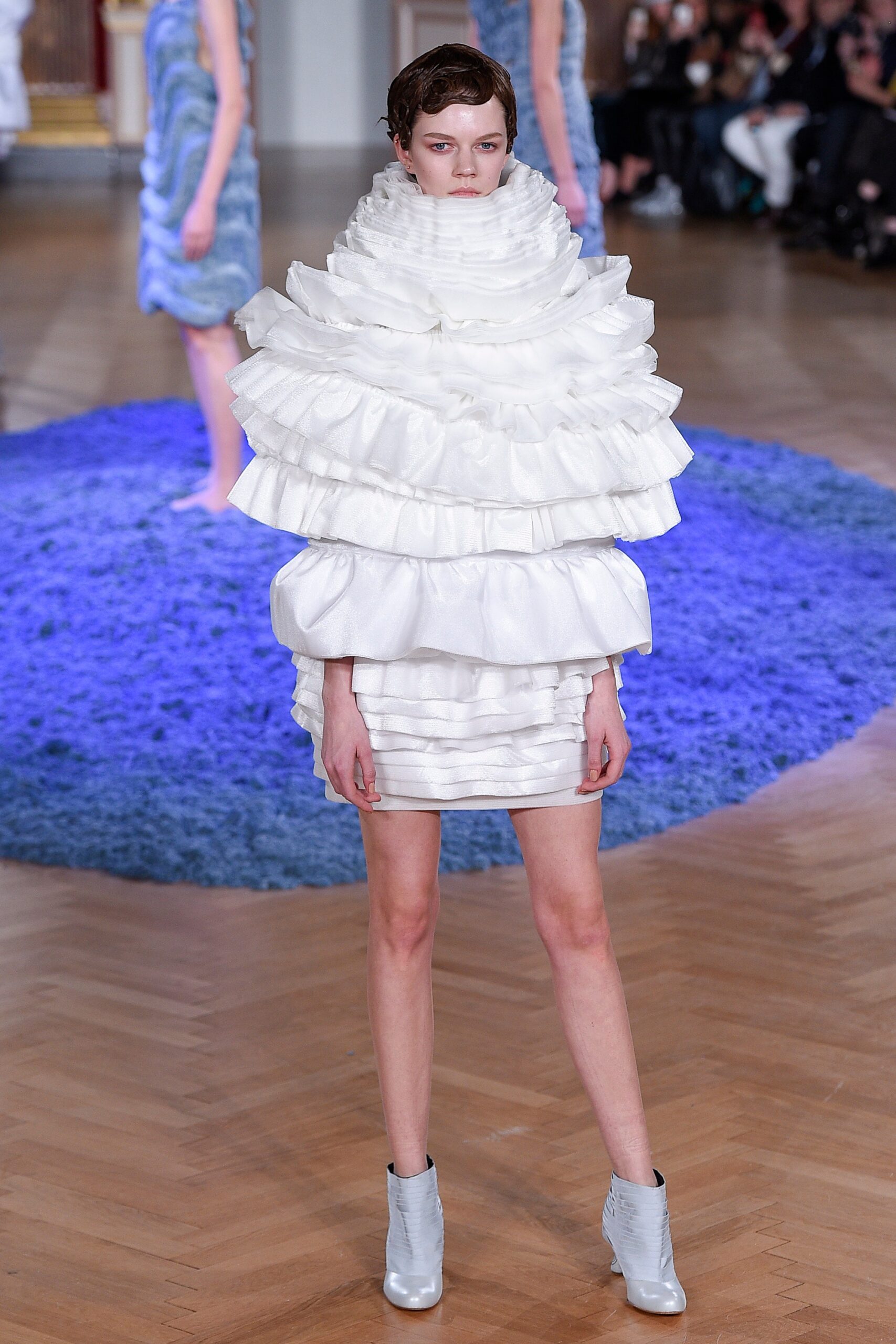 white ruffled mini dress