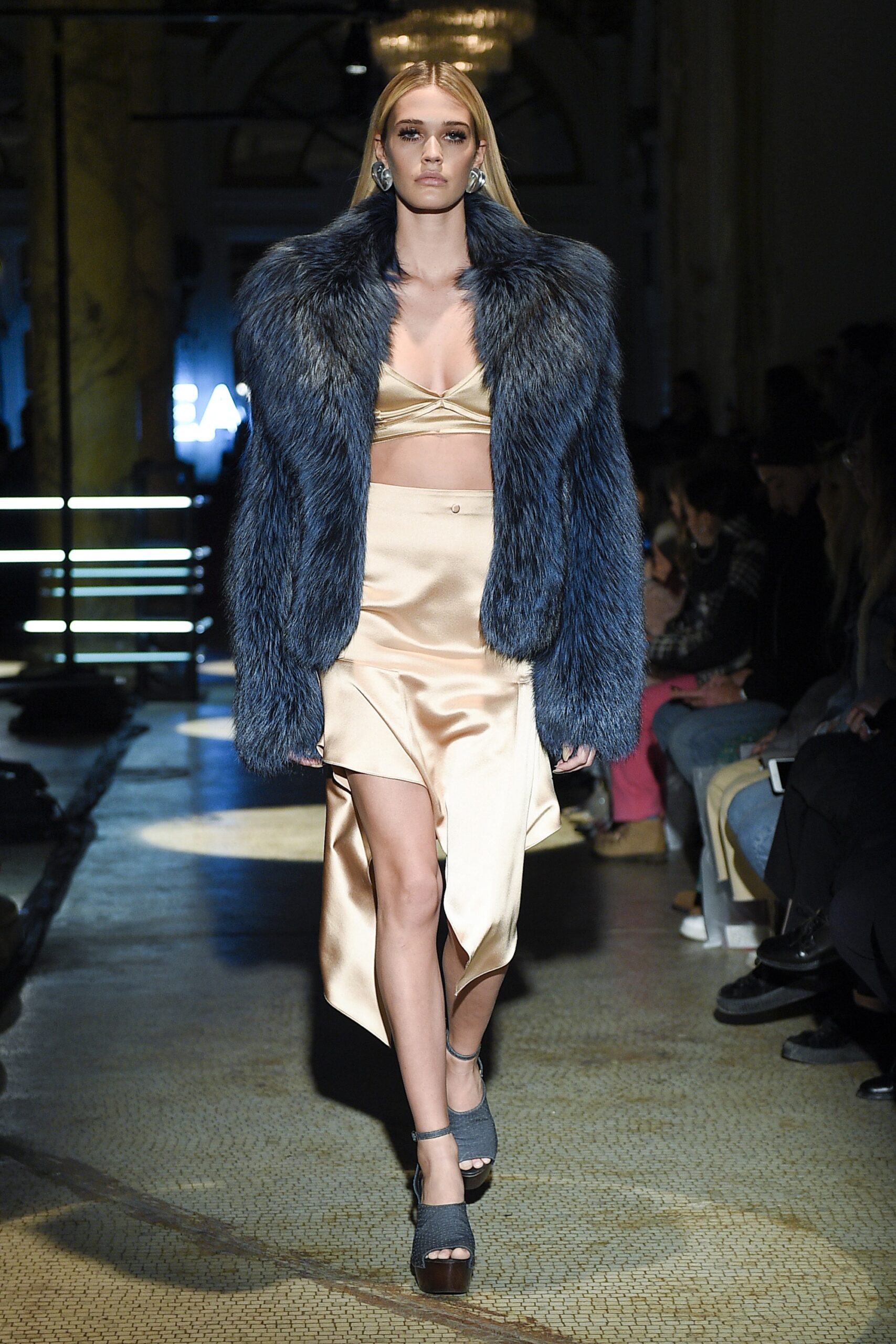 beige silk top with gold midi skirt