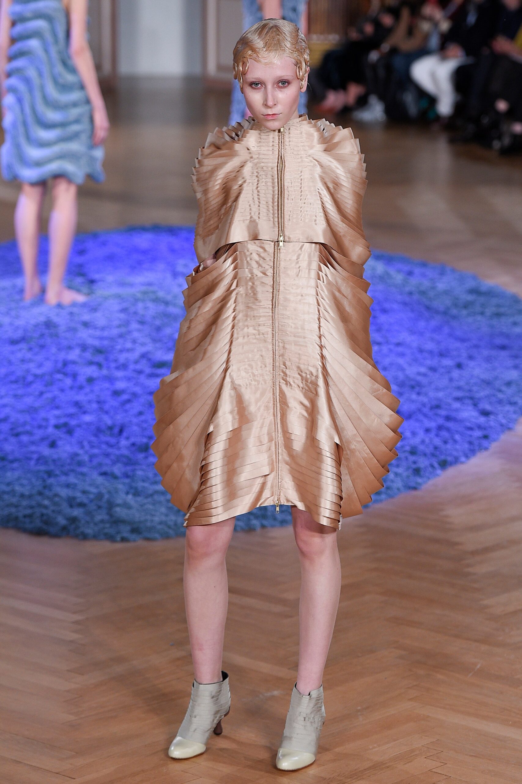 beige pleated silk mini dress