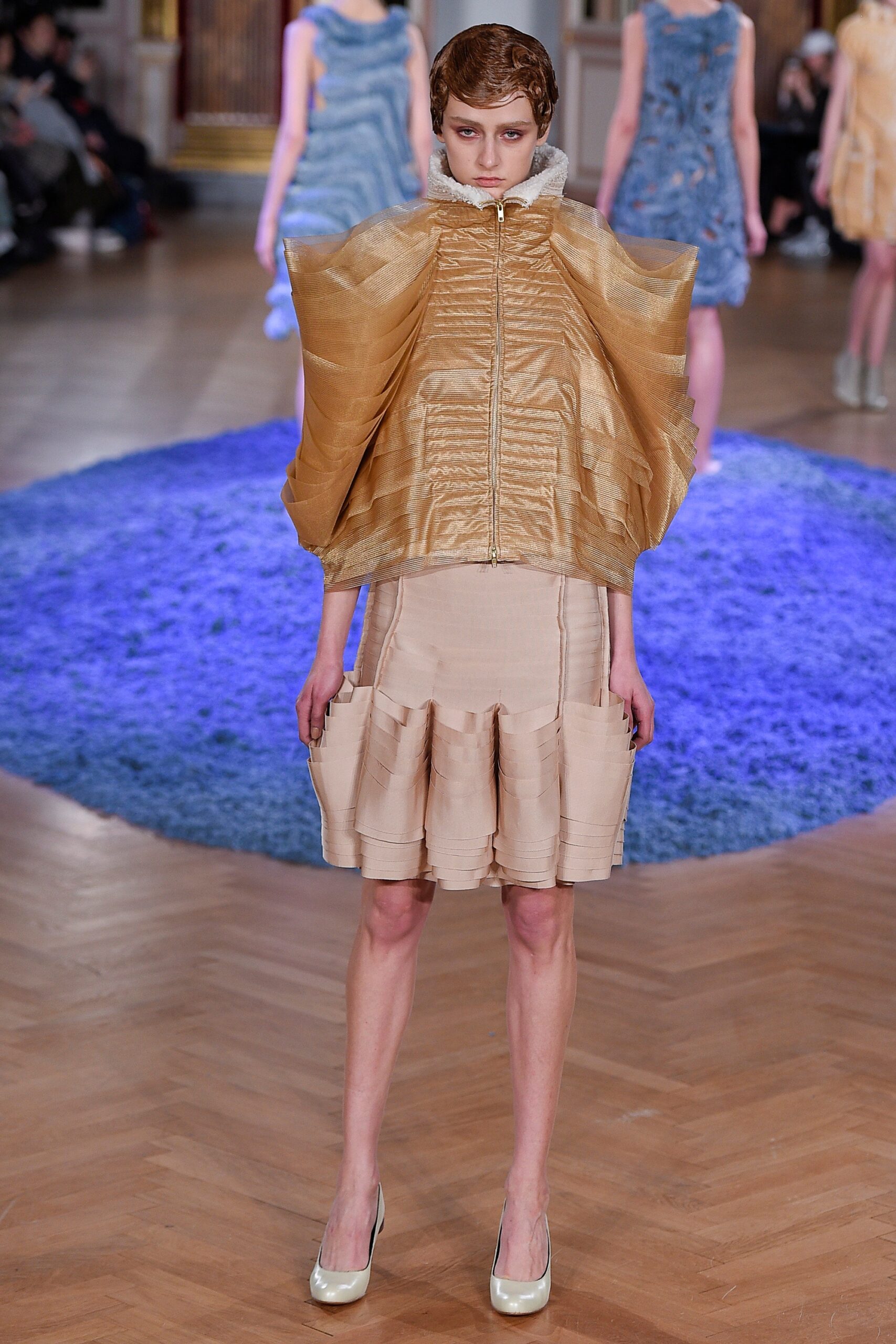 gold silk long-sleeve collared relaxed draped cape