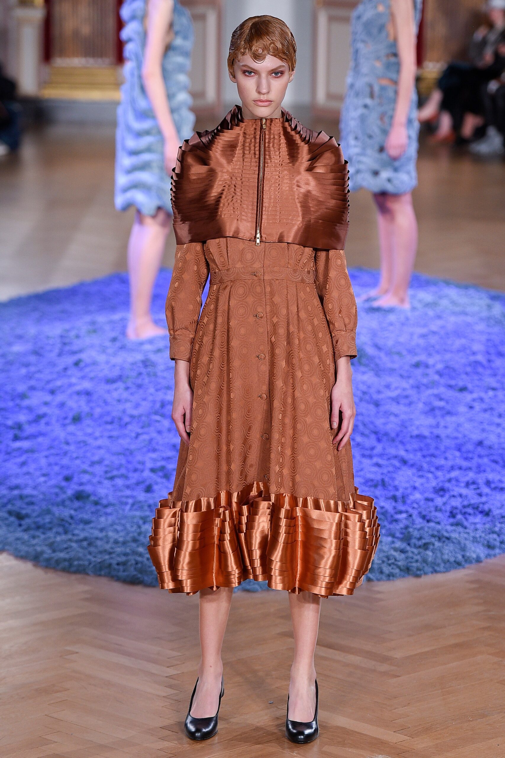 brown silk long-sleeve collared fitted pleated buttoned dress
