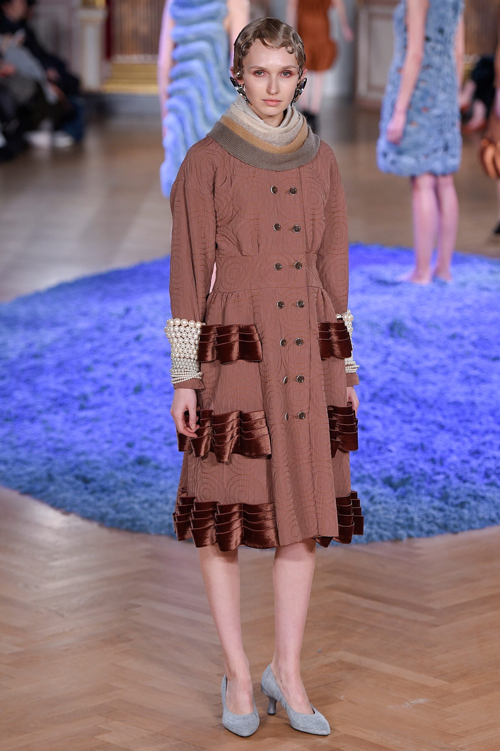brown beige pleated midi dress