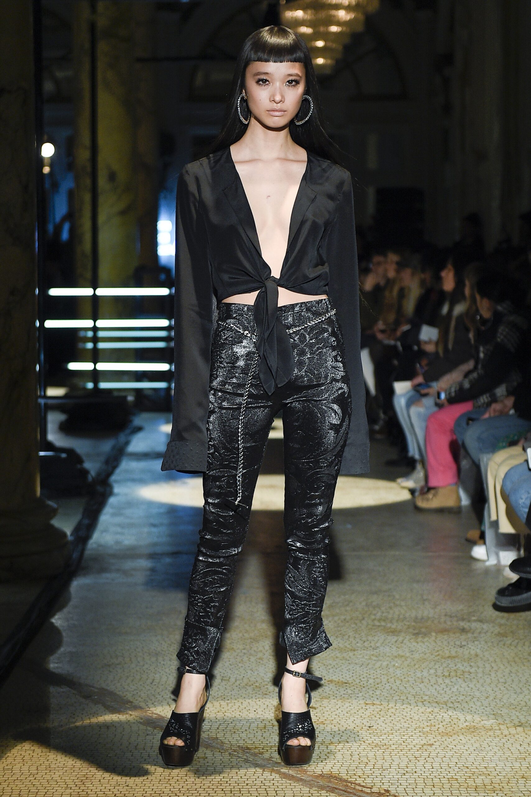 black silk shirt and leather pants