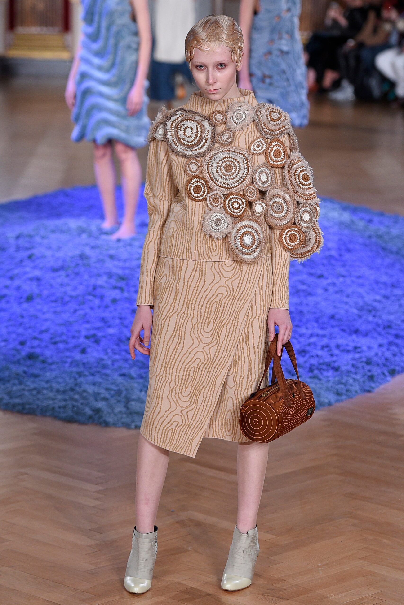 beige embroidered midi dress with bag