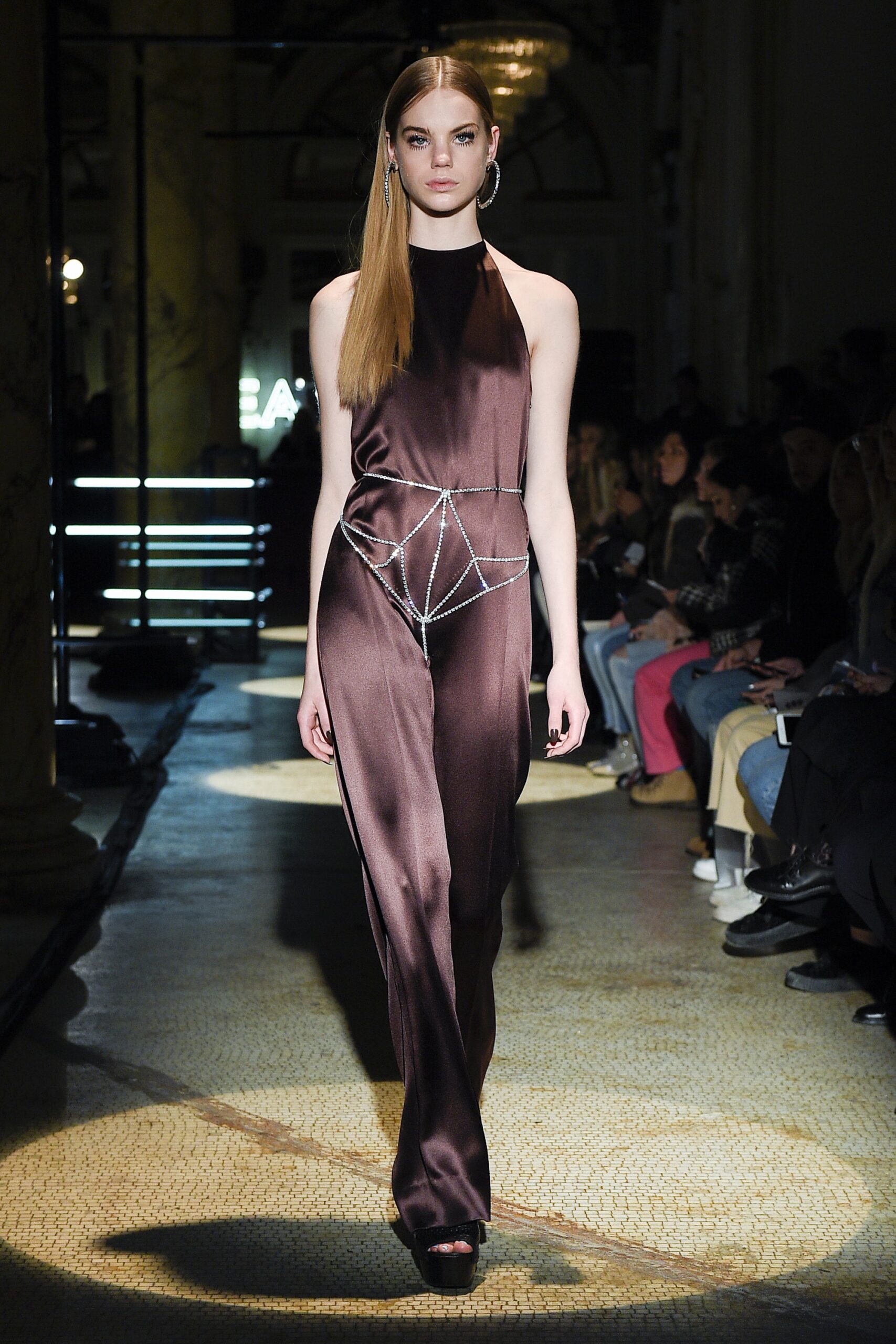 brown silk fitted jumpsuit