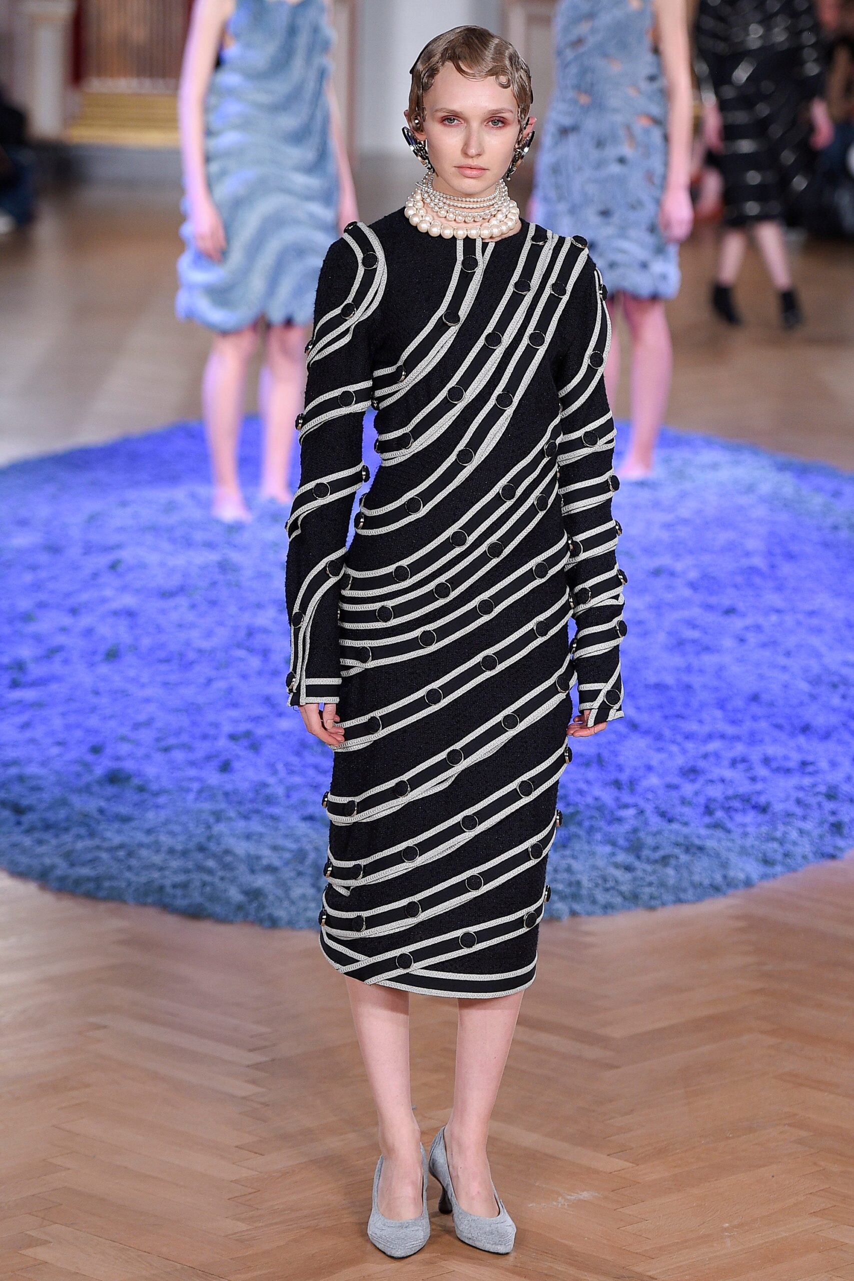 black and white striped midi dress