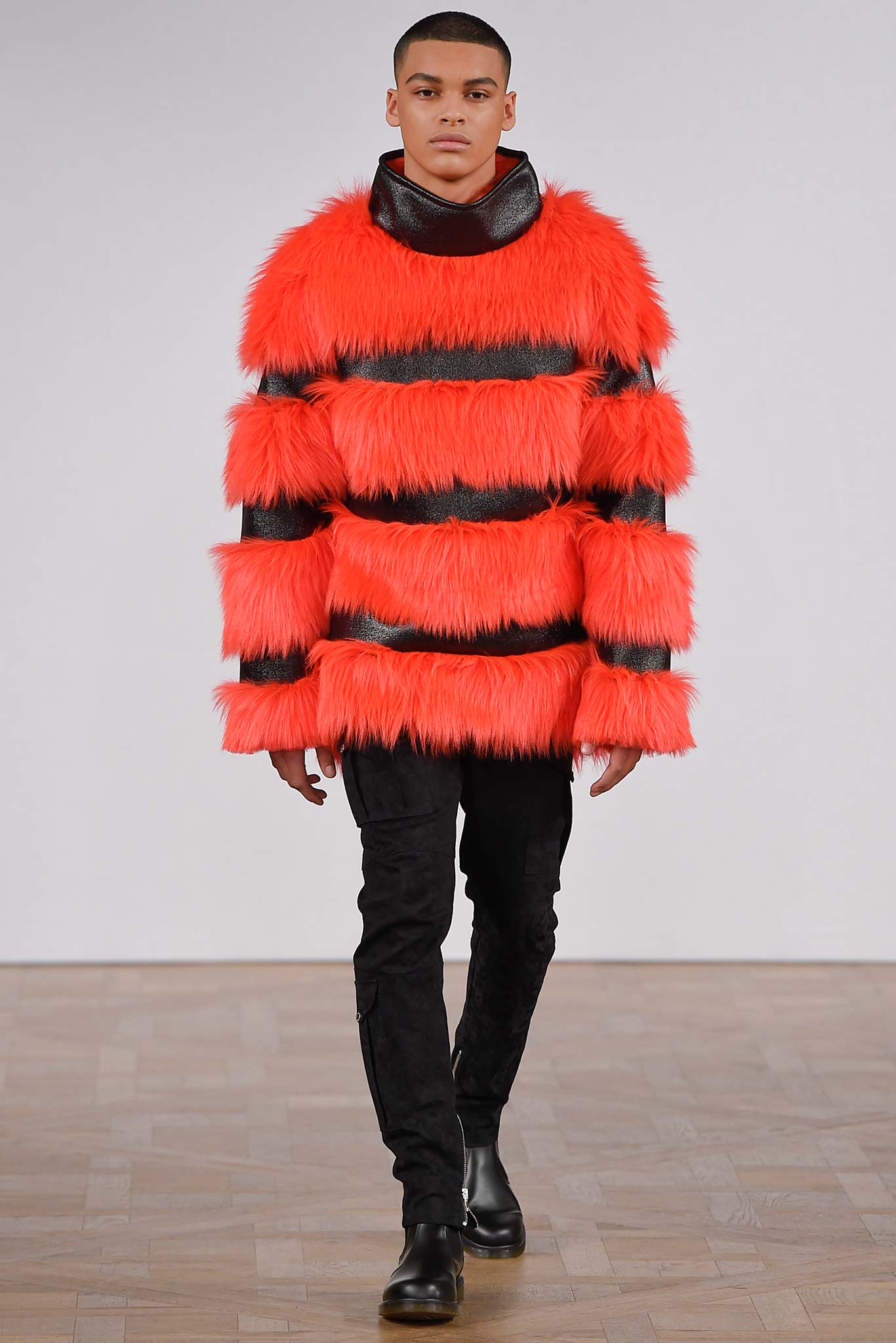red fur long-sleeve high-neck relaxed striped coat