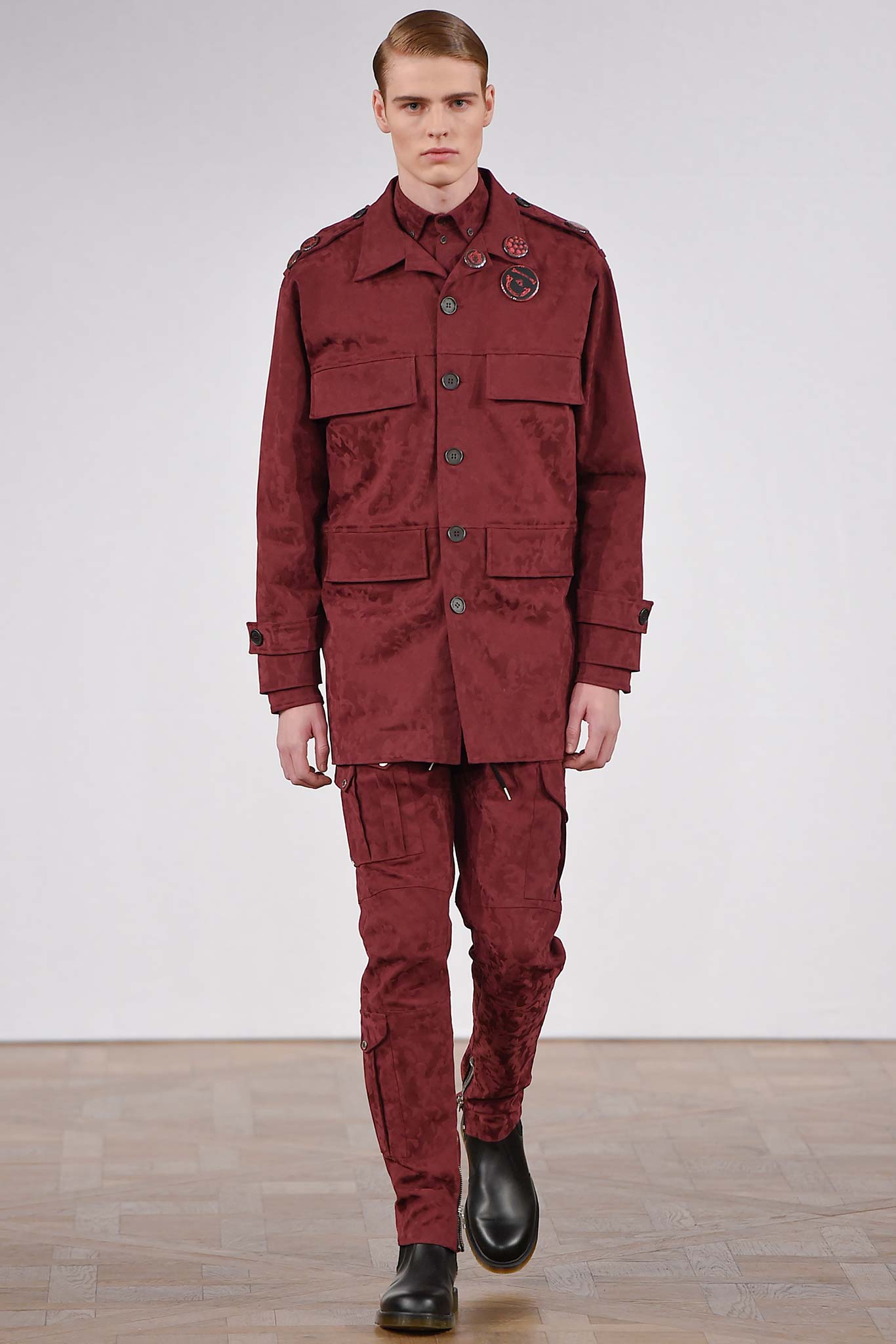 red fitted jacket and pants