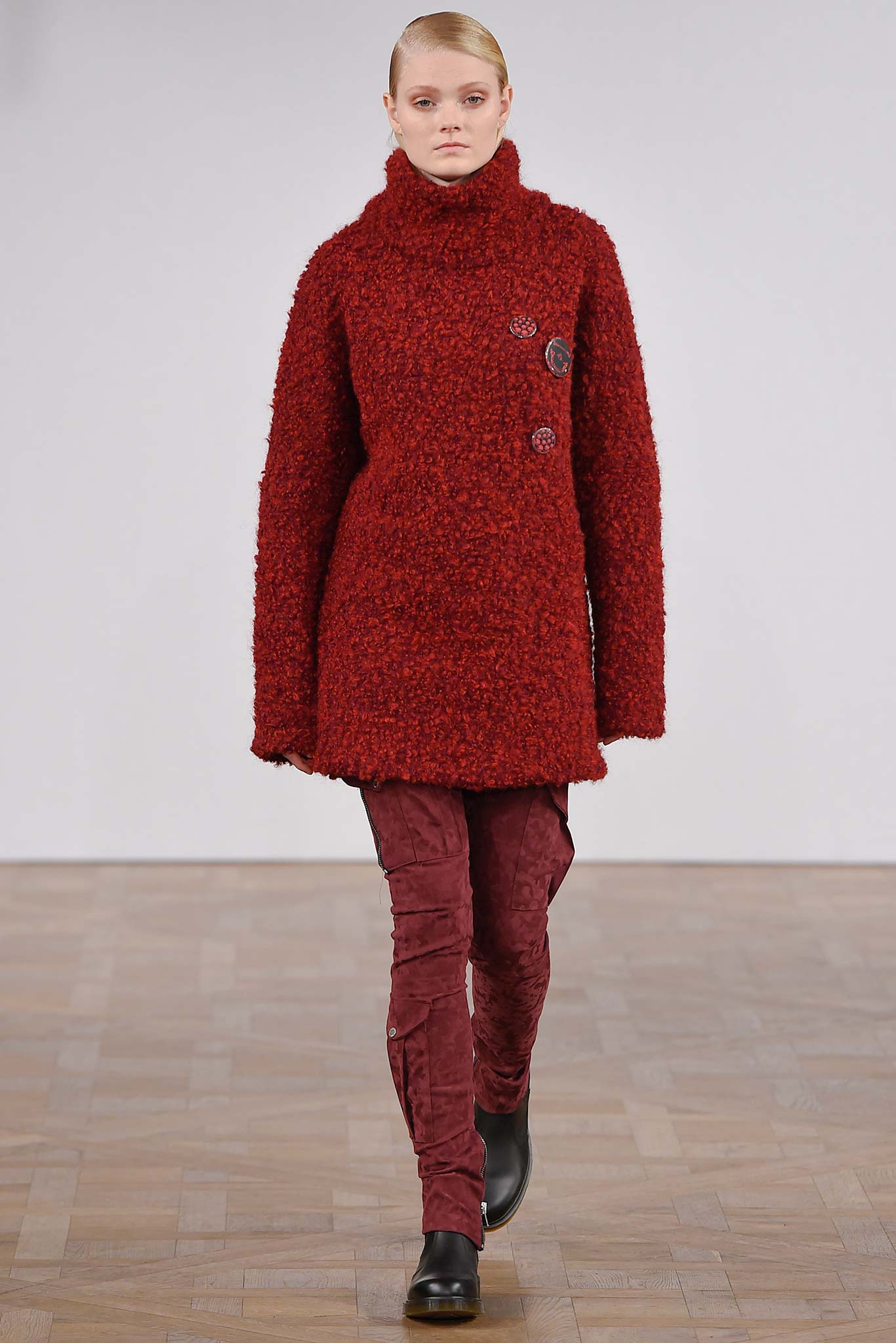 red wool long-sleeve collared oversized buttoned textured coat