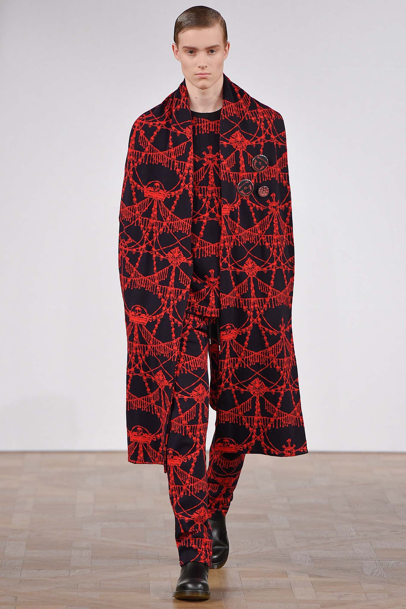 black and red printed coat and pants