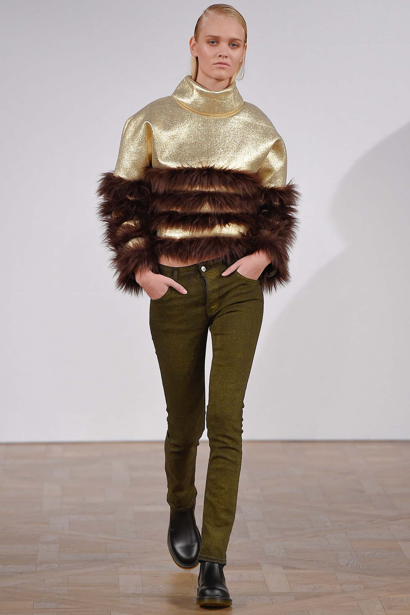 gold metallic top with brown fur