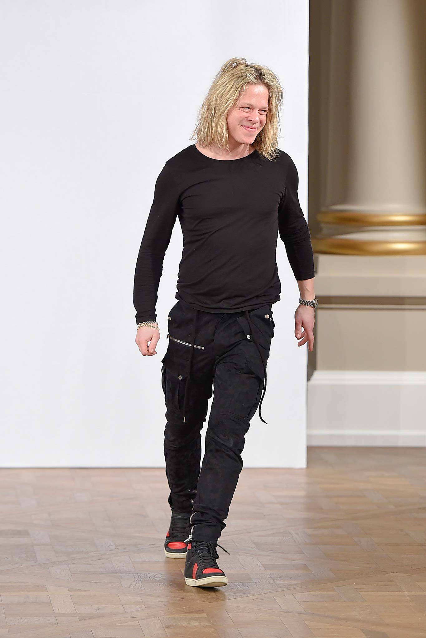 black fitted shirt with cargo pants
