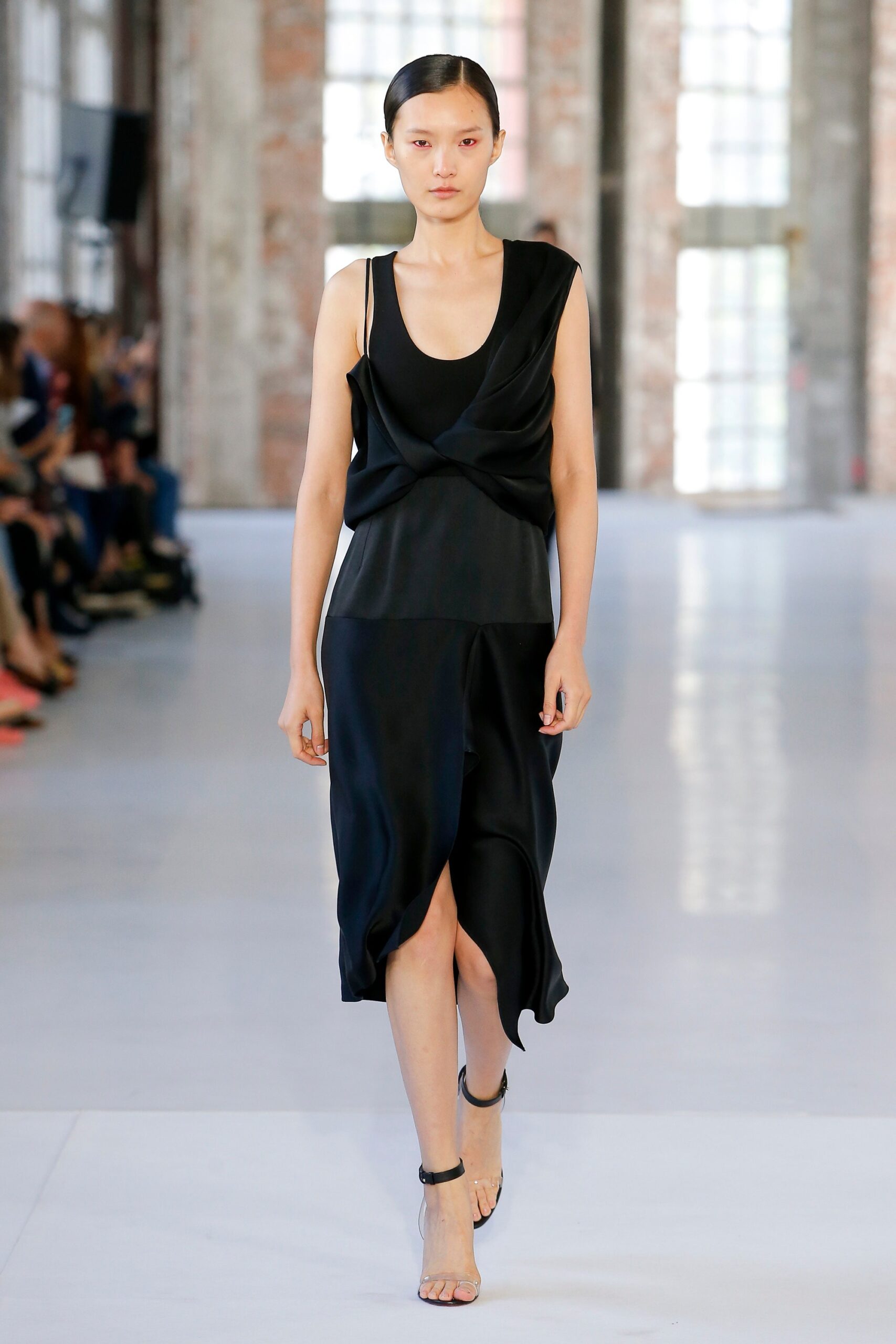black silk sleeveless asymmetric dress
