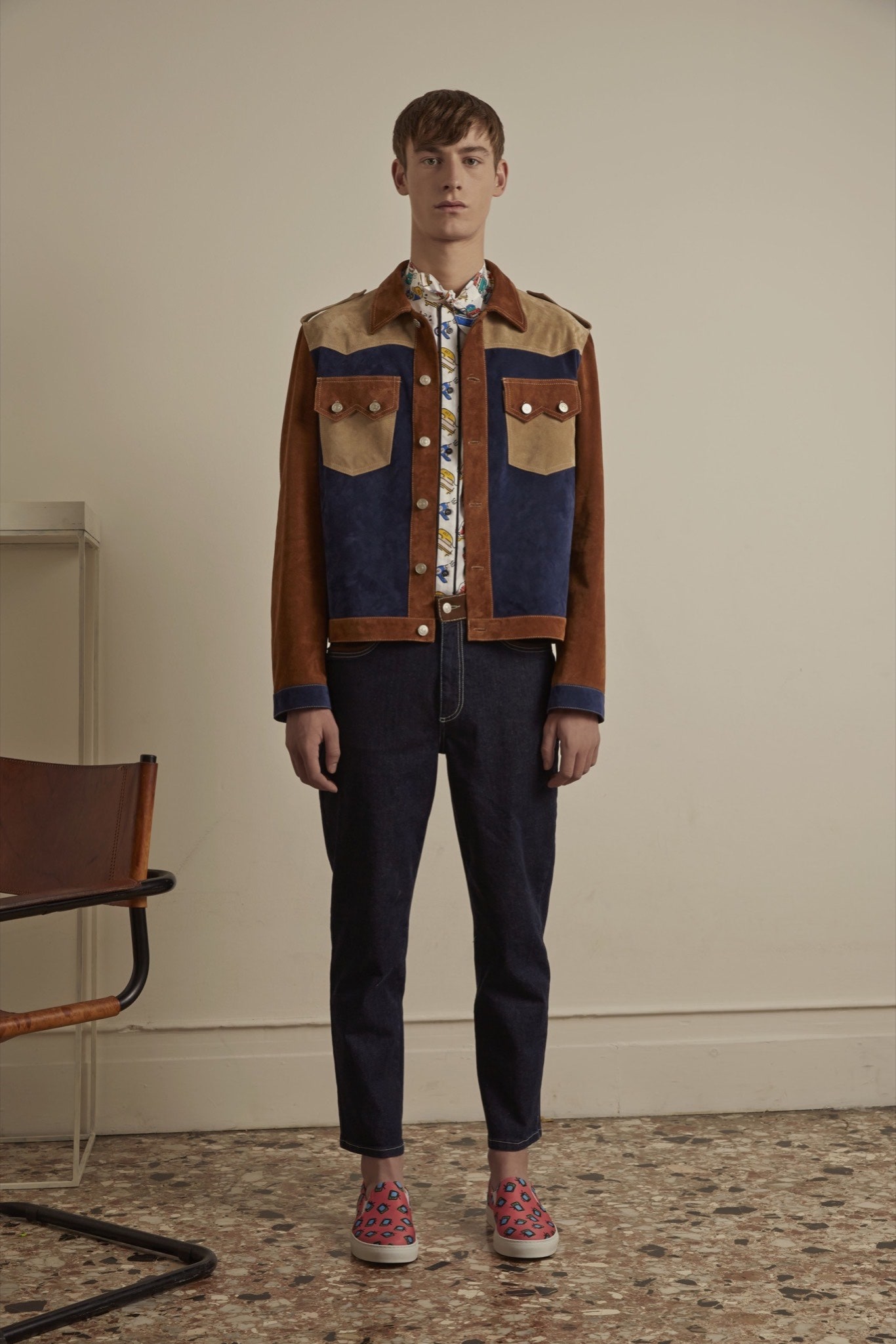 brown suede jacket with printed shirt