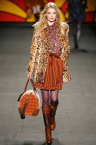 brown animal-print coat and red dress