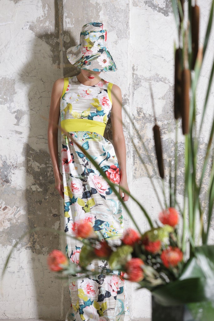 multi cotton sleeveless high-neck fitted flared maxi dress