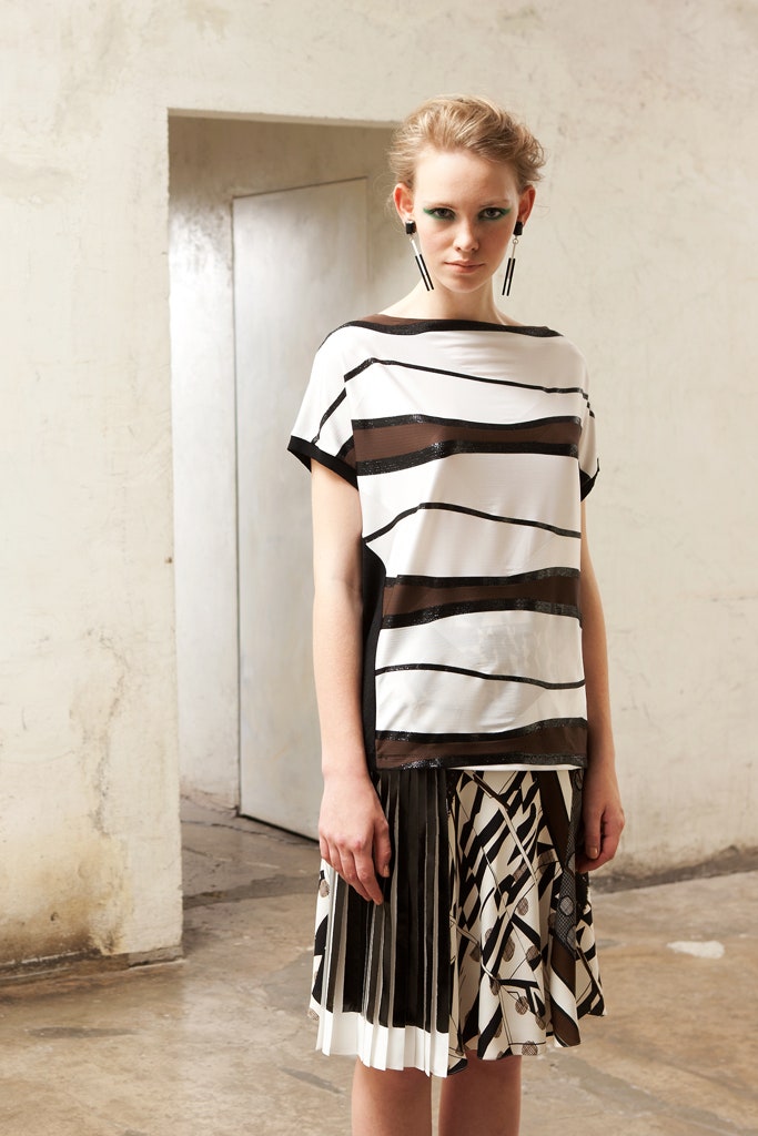 striped top and pleated skirt