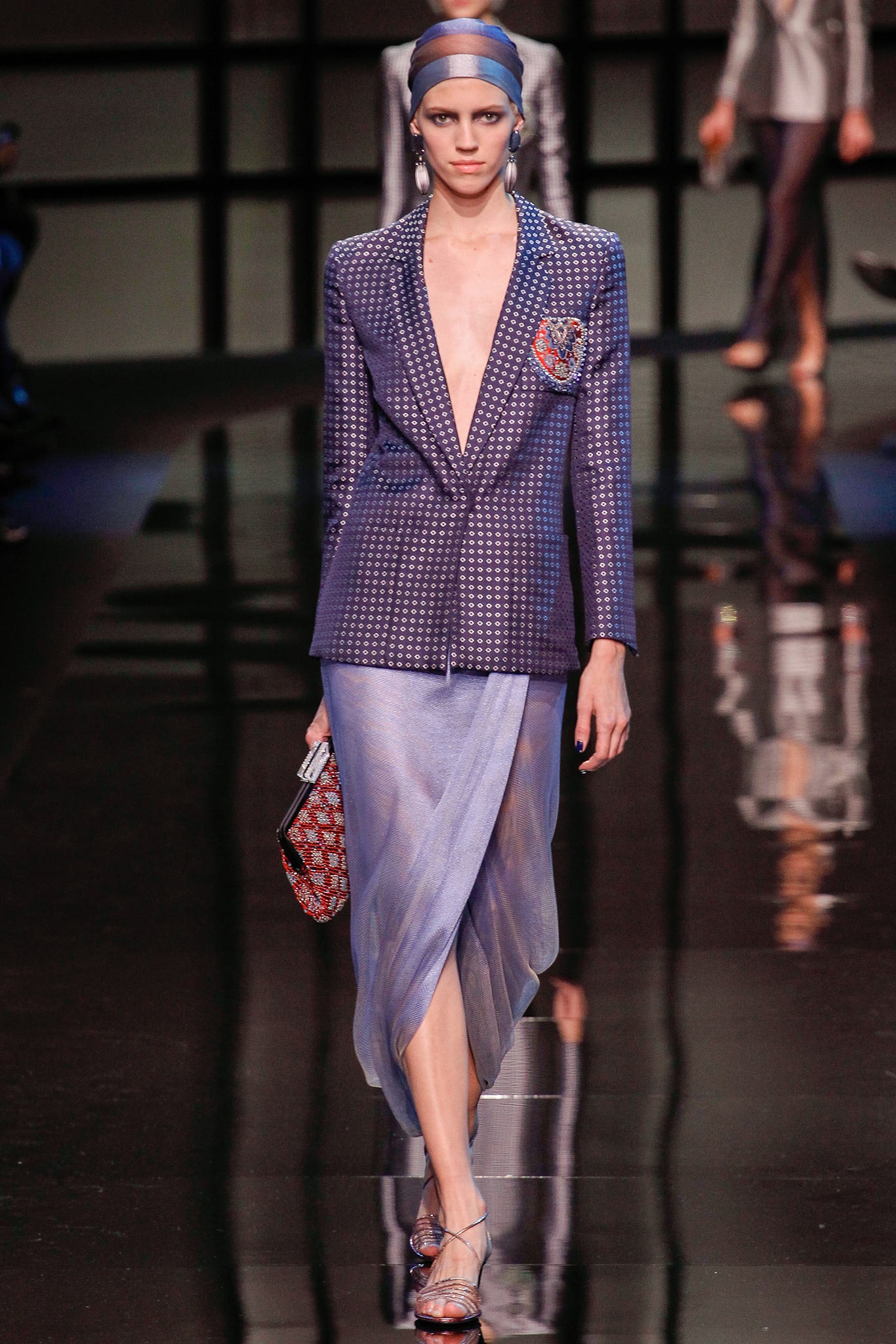 blue silk tailored blazer and asymmetric skirt