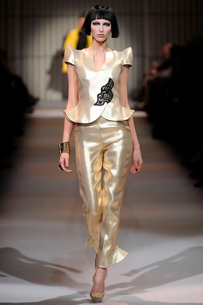 gold silk fitted top and pants