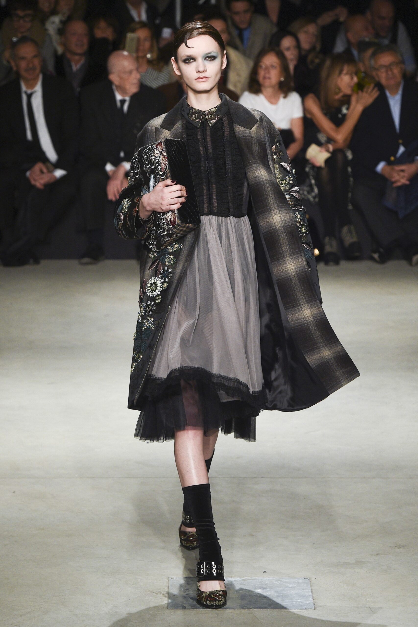 black gray embroidered coat and dress