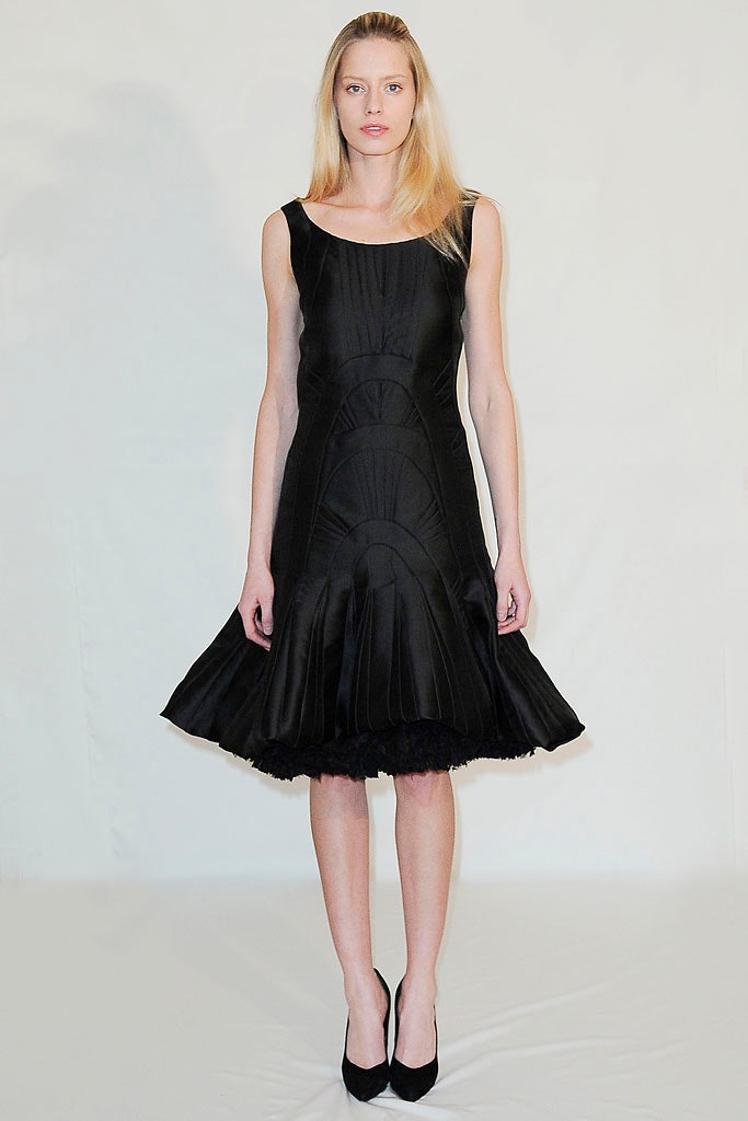 black silk sleeveless high-neck fitted pleated a-line dress