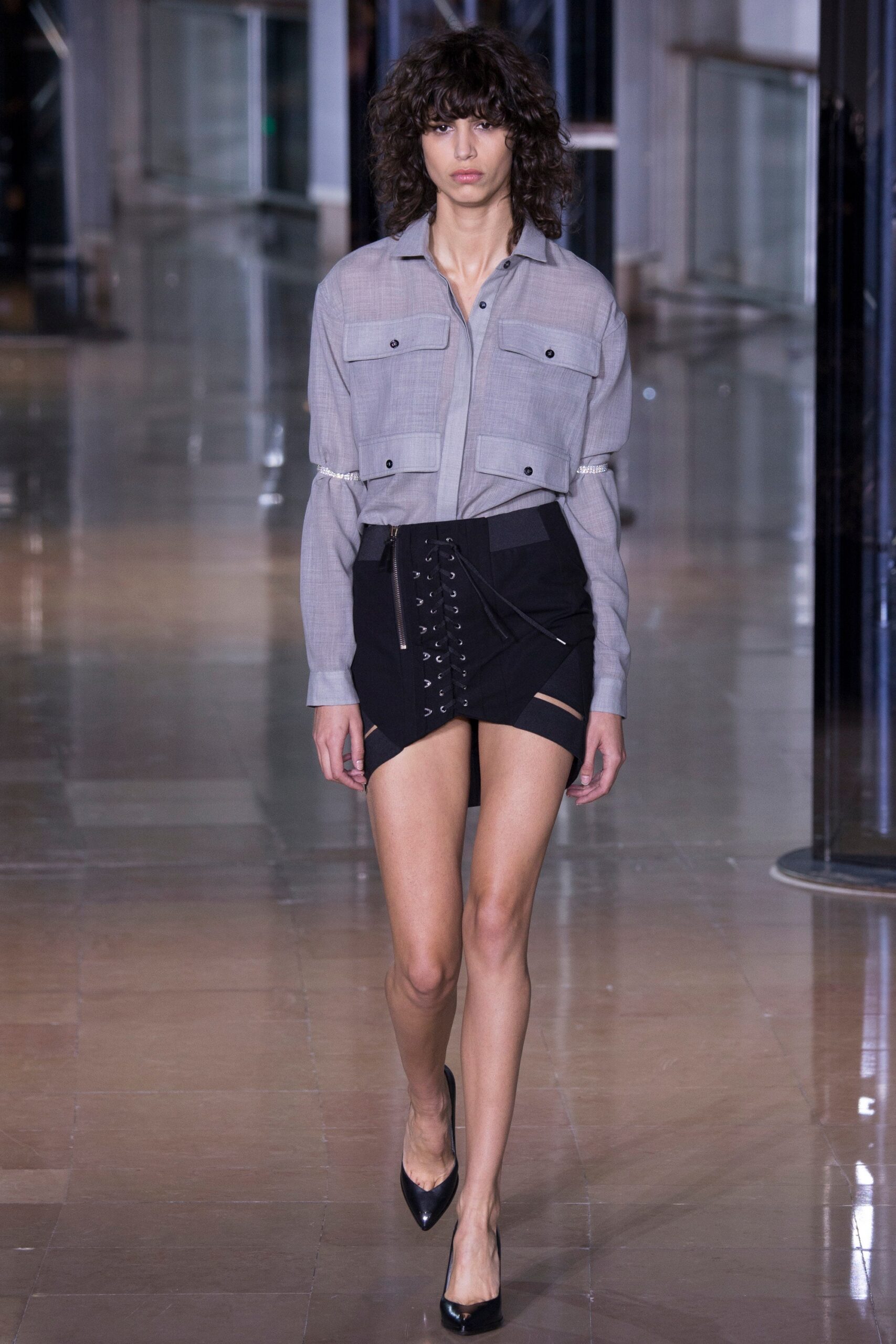 gray fitted shirt black mini skirt