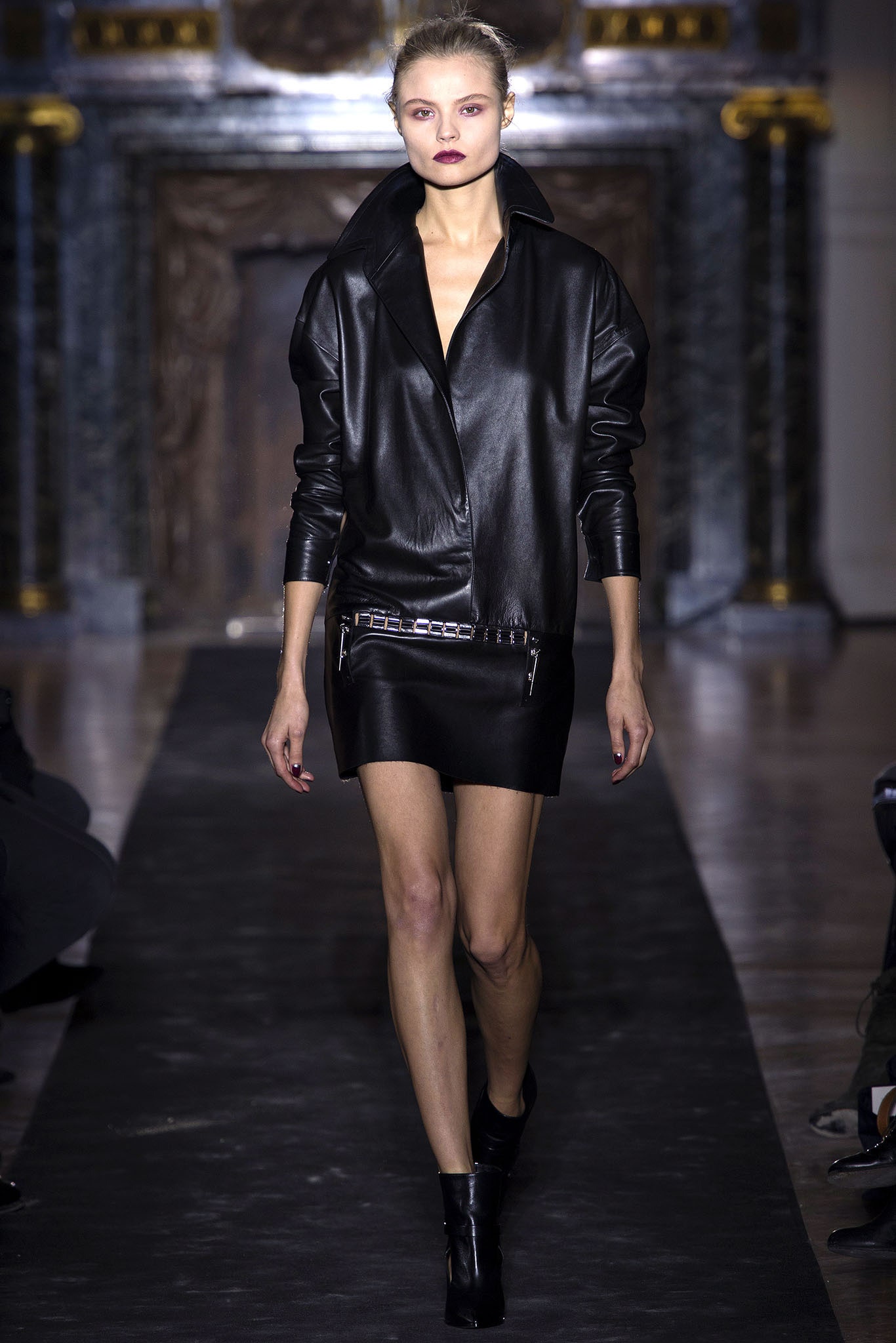 black leather fitted jacket and mini skirt