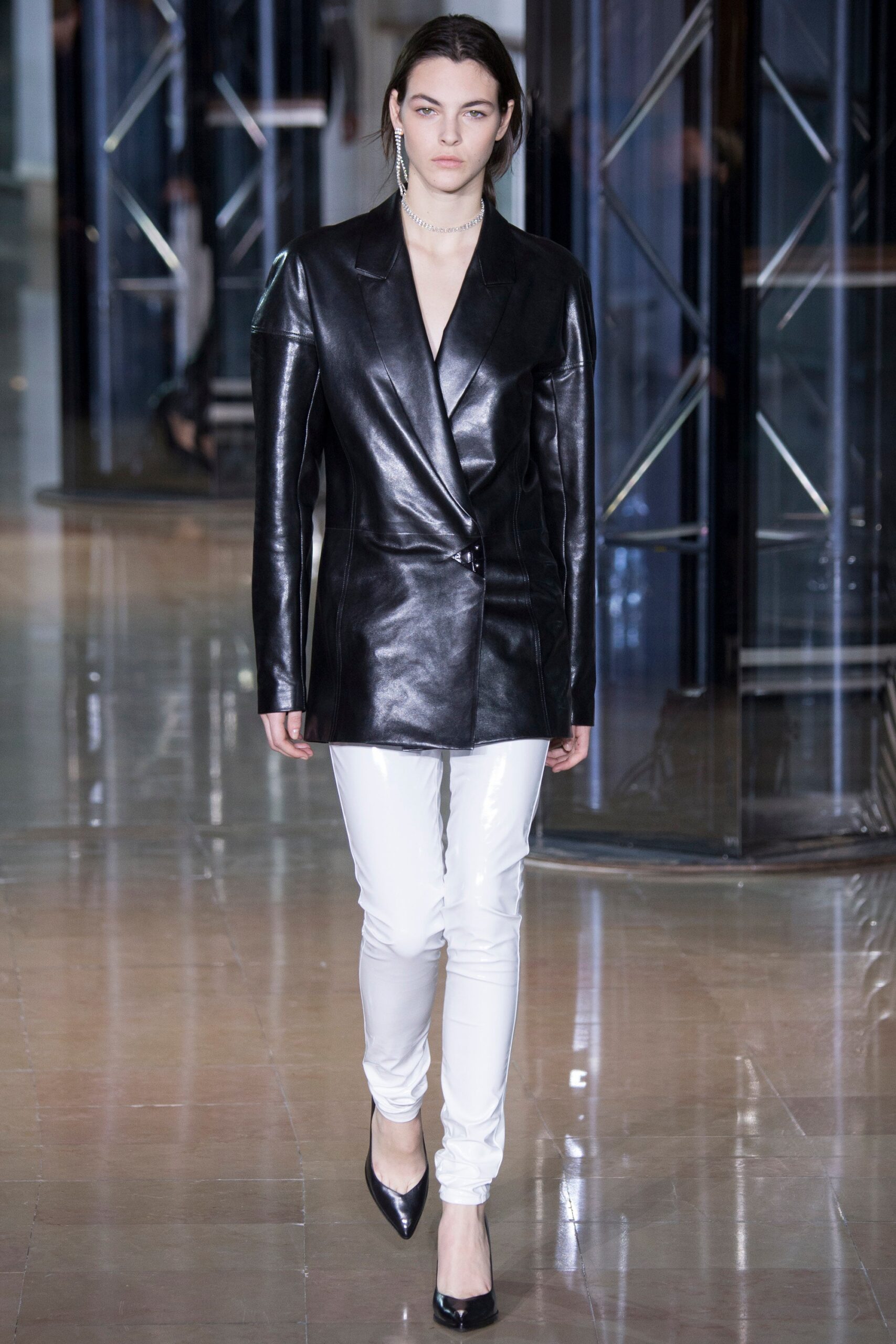 white vinyl slim straight-leg shiny pants
