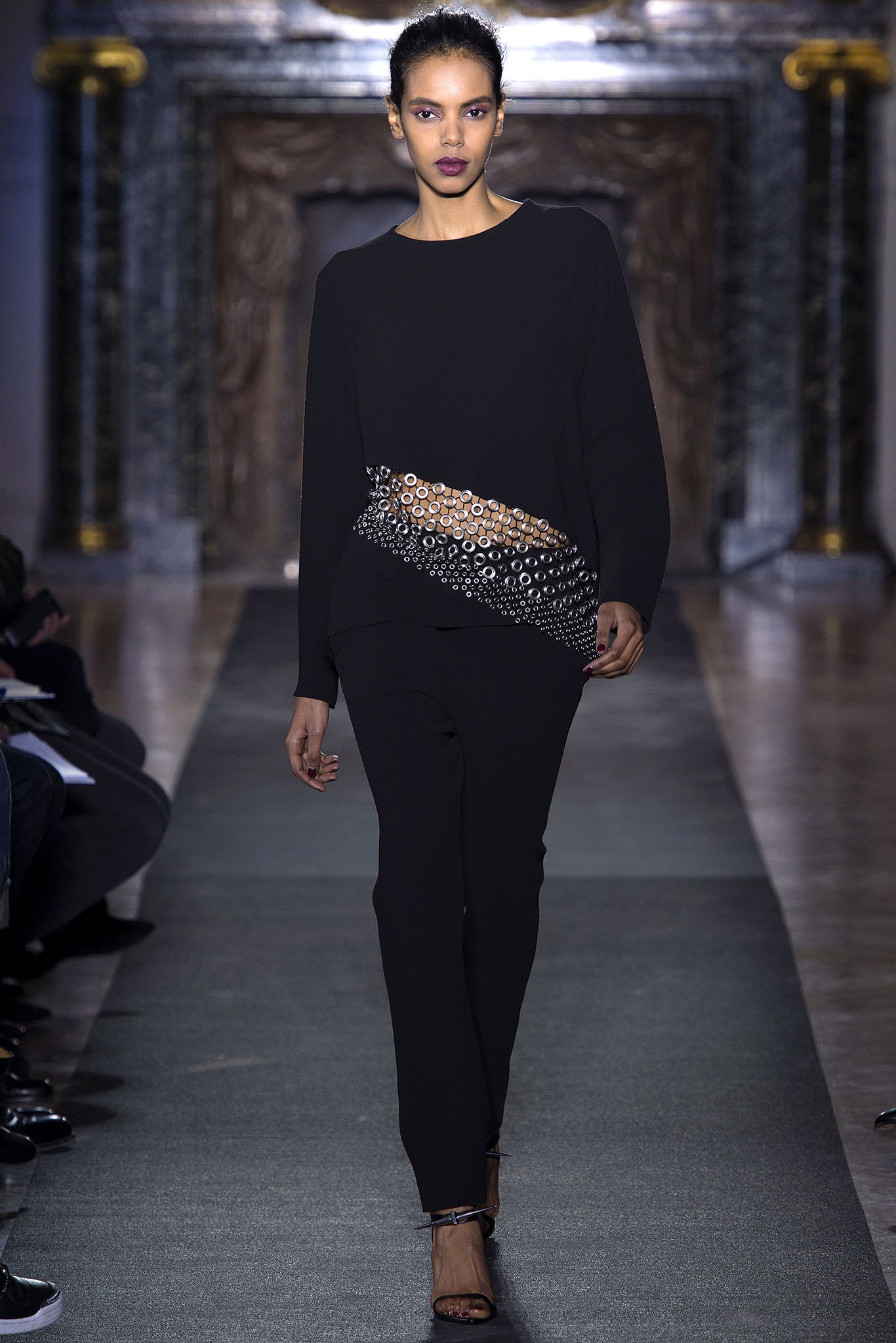 black silk long-sleeve collared fitted draped embellished top