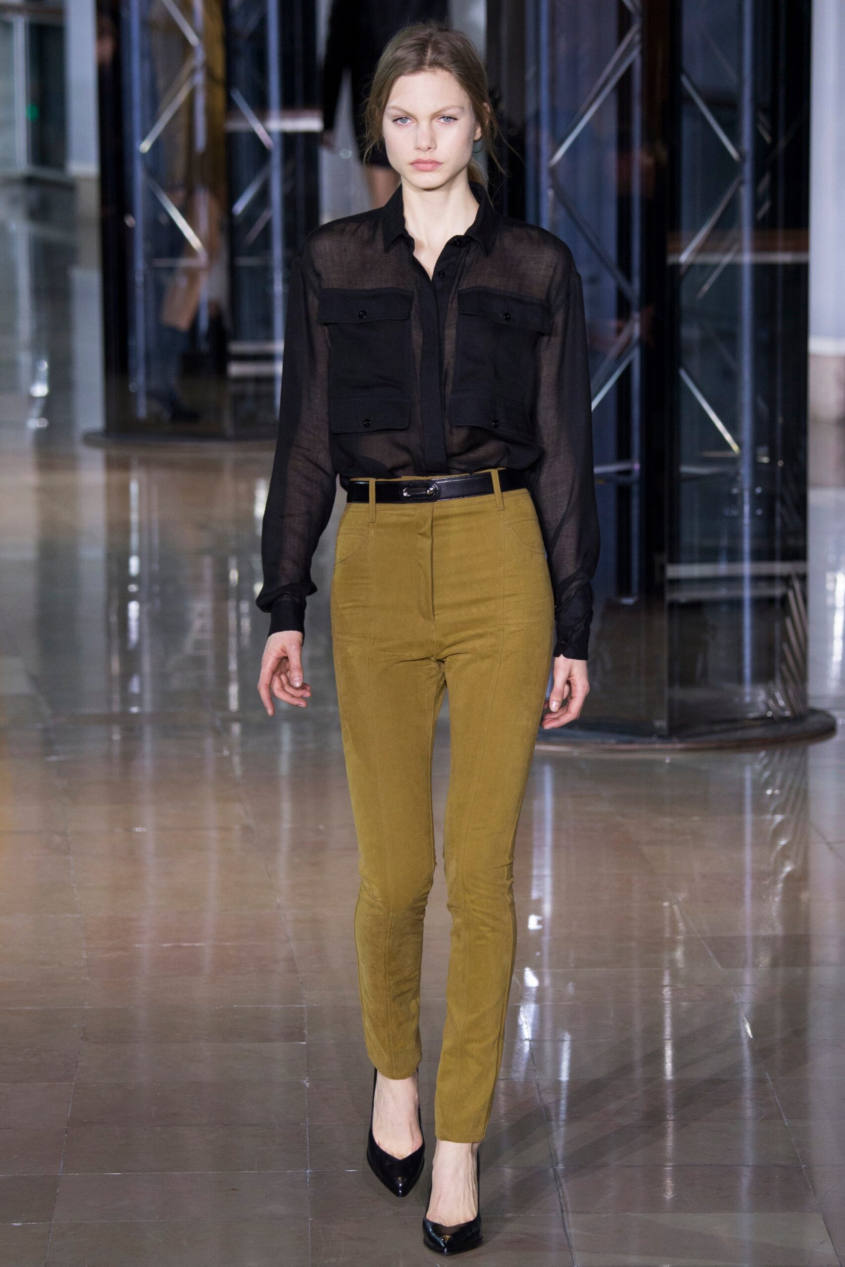 black silk long-sleeve collared fitted buttoned sheer shirt