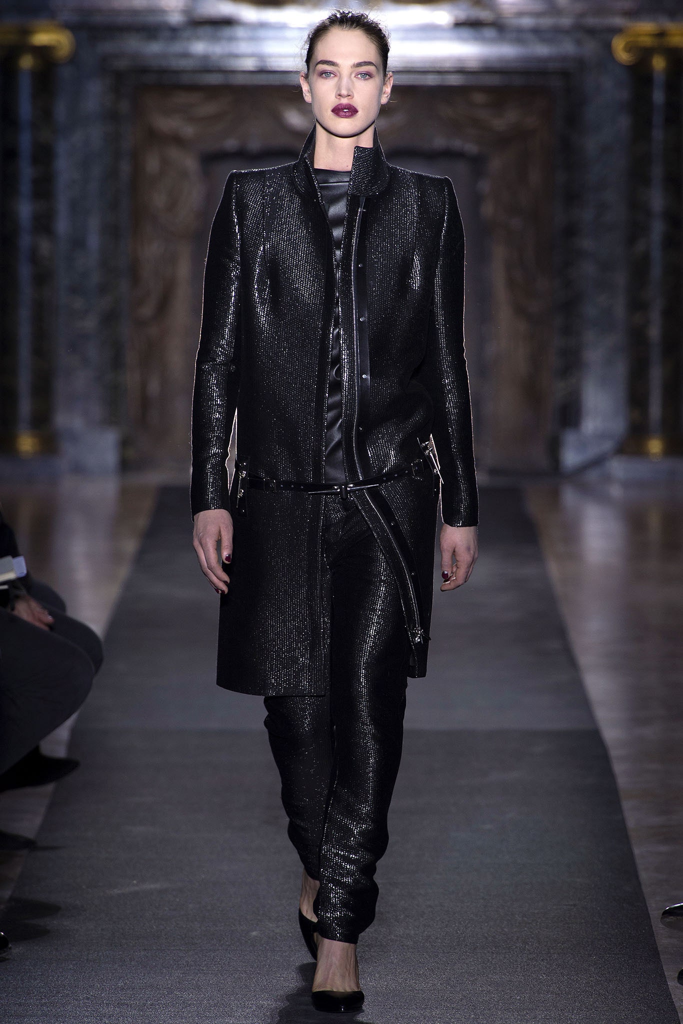 black leather long-sleeve collared fitted zippered shiny coat