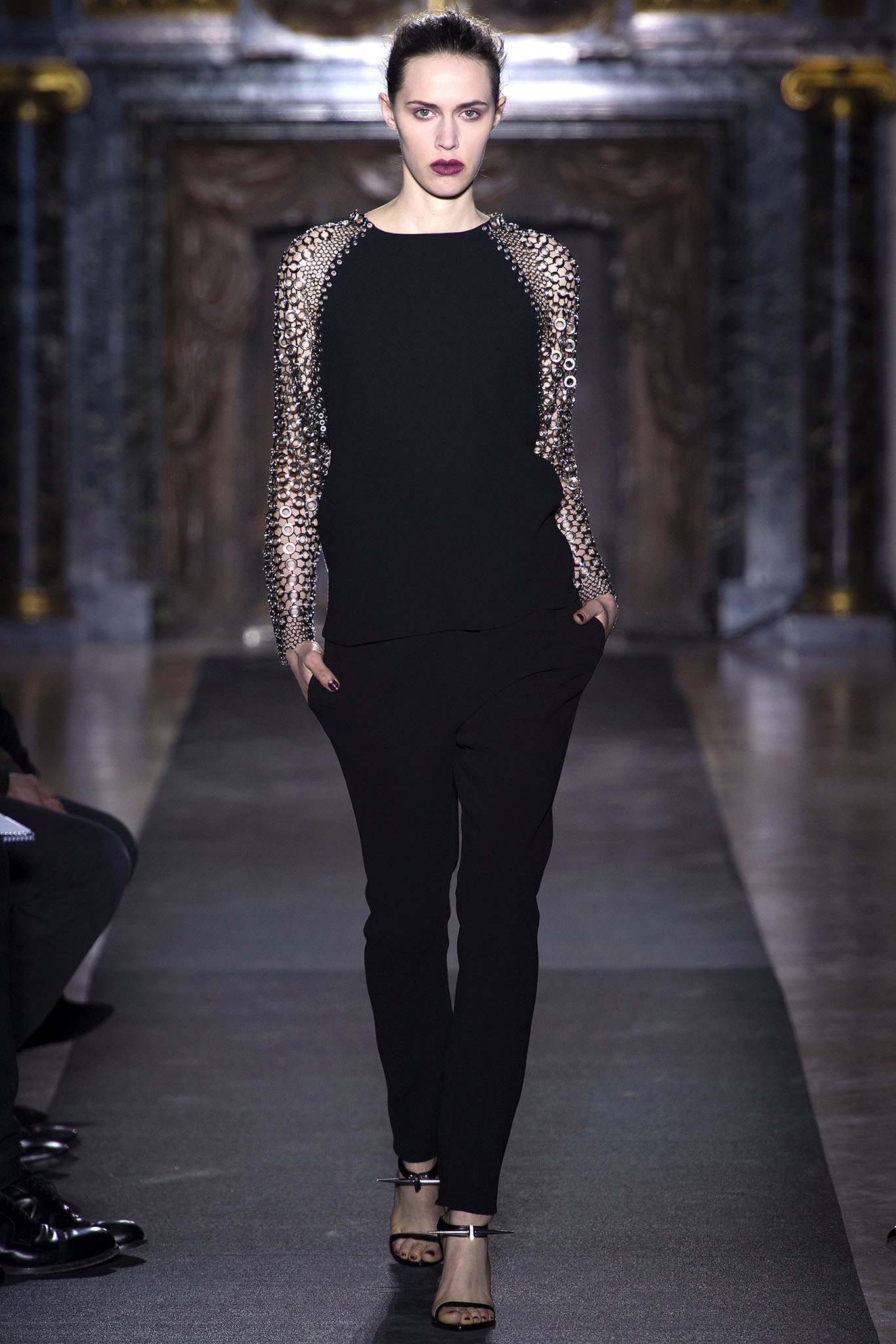 black silk long-sleeve collared fitted beaded top