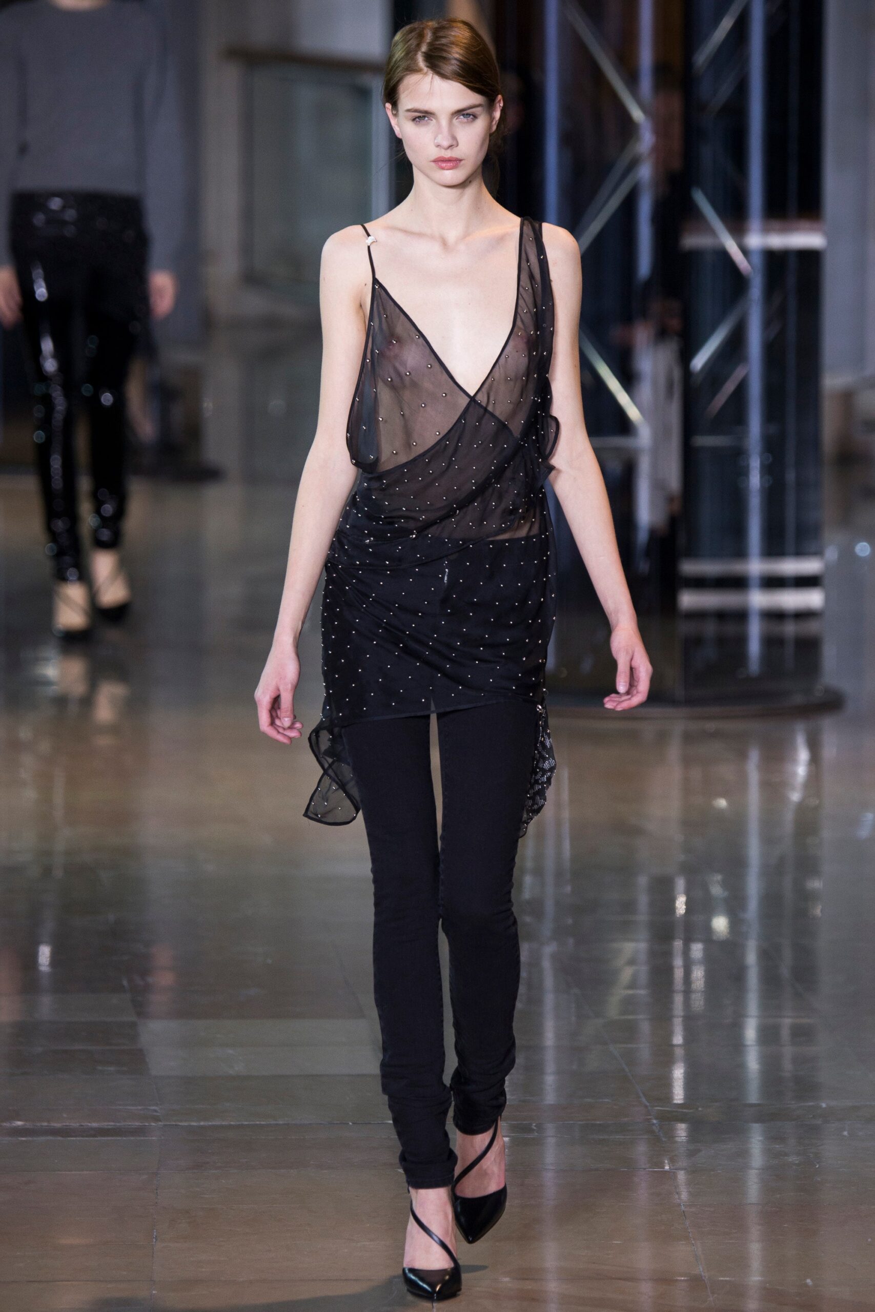black silk sleeveless v-neck fitted draped beaded top