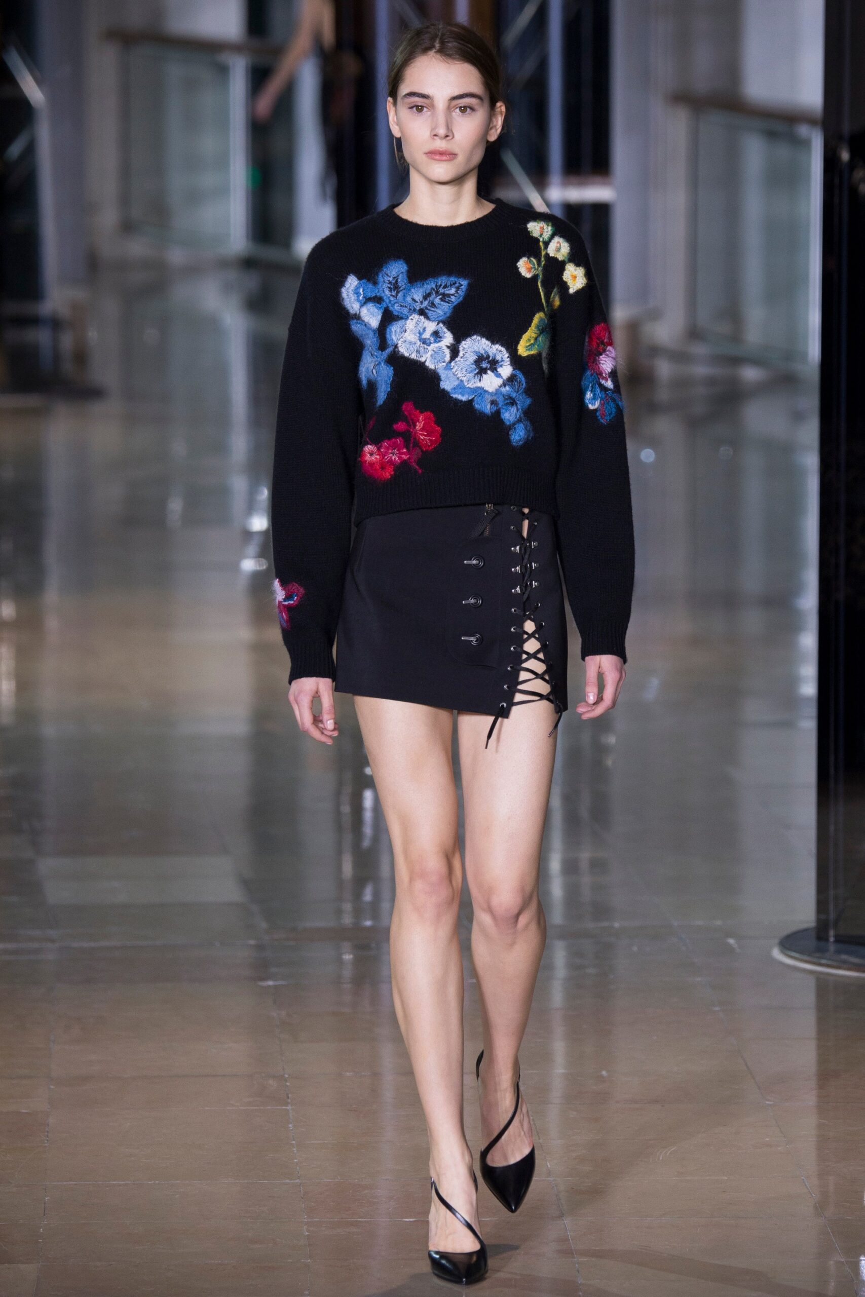 black wool long-sleeve collared fitted embroidered sweater