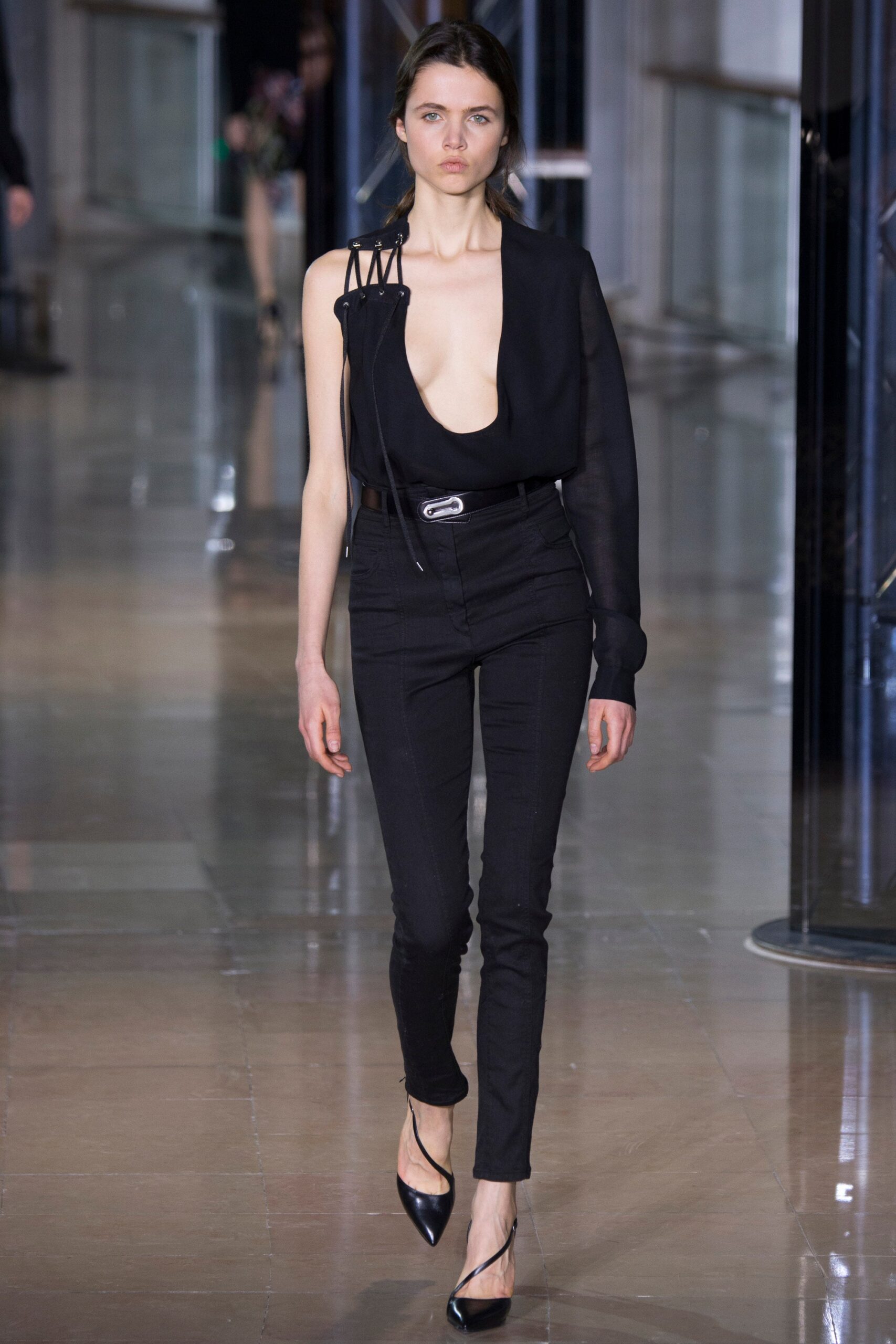 black silk v-neck top with slim pants