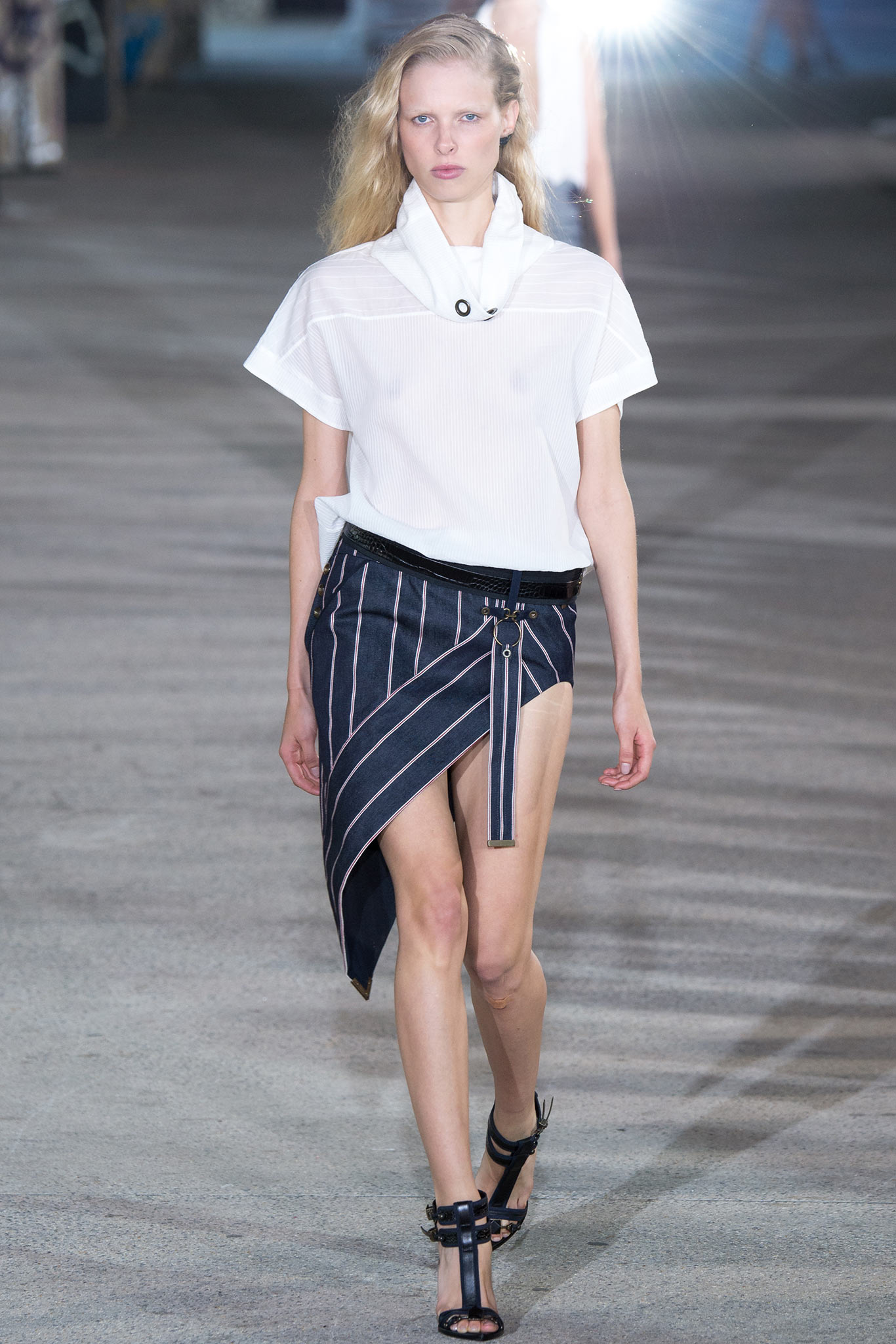 white relaxed top with blue skirt