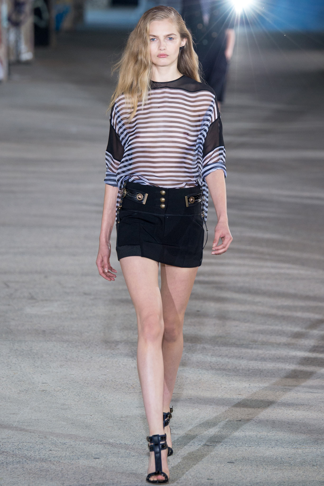 striped top and black mini skirt